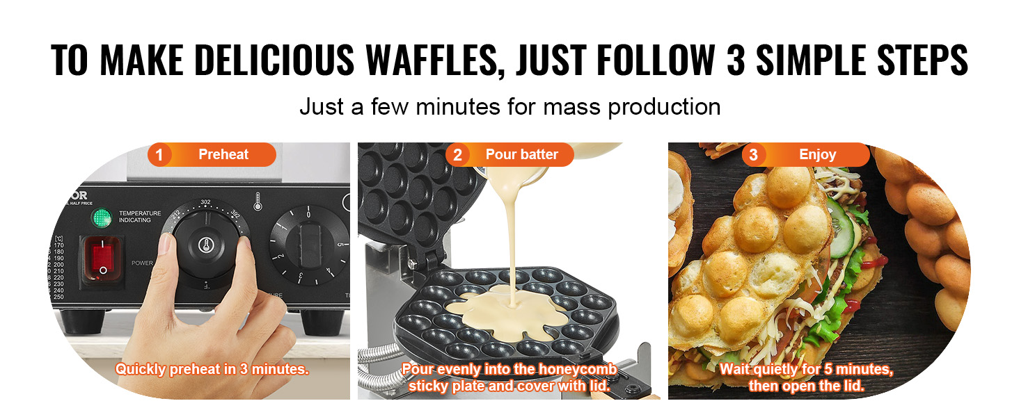 Le texte se lit comme suit : « POUR PRÉPARER DE DÉLICIEUSES GAUFRES, IL SUFFIT DE SUIVRE 3 ÉTAPES SIMPLES ». Processus de fabrication de gaufres étape par étape comprenant le préchauffage, le versement de la pâte et la préparation des gaufres dorées.
