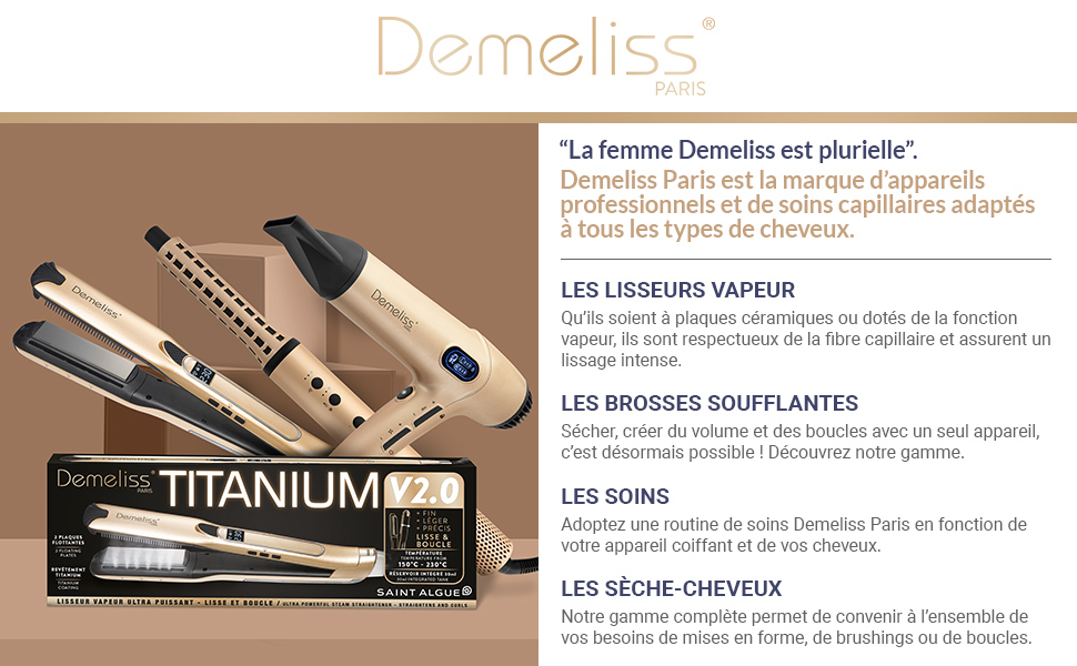 Outils de coiffure, y compris un fer plat, une baguette à friser et un sèche-cheveux. Les informations sur le produit en français décrivent les différentes caractéristiques et fonctions des outils de coiffage.