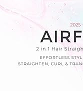 Vue partielle des informations sur le produit du fer à lisser 2 en 1 AIRF. Le texte mentionne le « style sans effort » et la capacité de lisser, de boucler et de transformer les cheveux. Année 2025 visible.