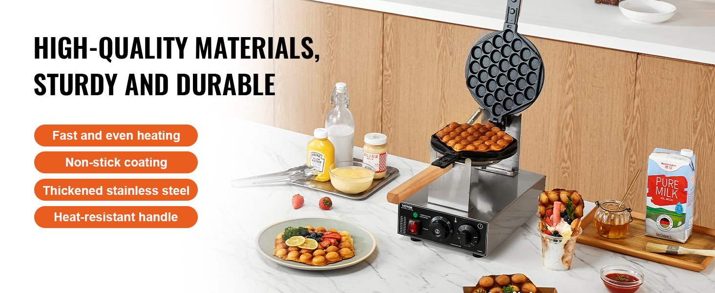 Le texte indique « MATÉRIAUX DE HAUTE QUALITÉ, ROBUSTES ET DURABLES ». Démonstration de produits de cuisine montrant la préparation des aliments et leur configuration de service avec de nombreux accessoires.