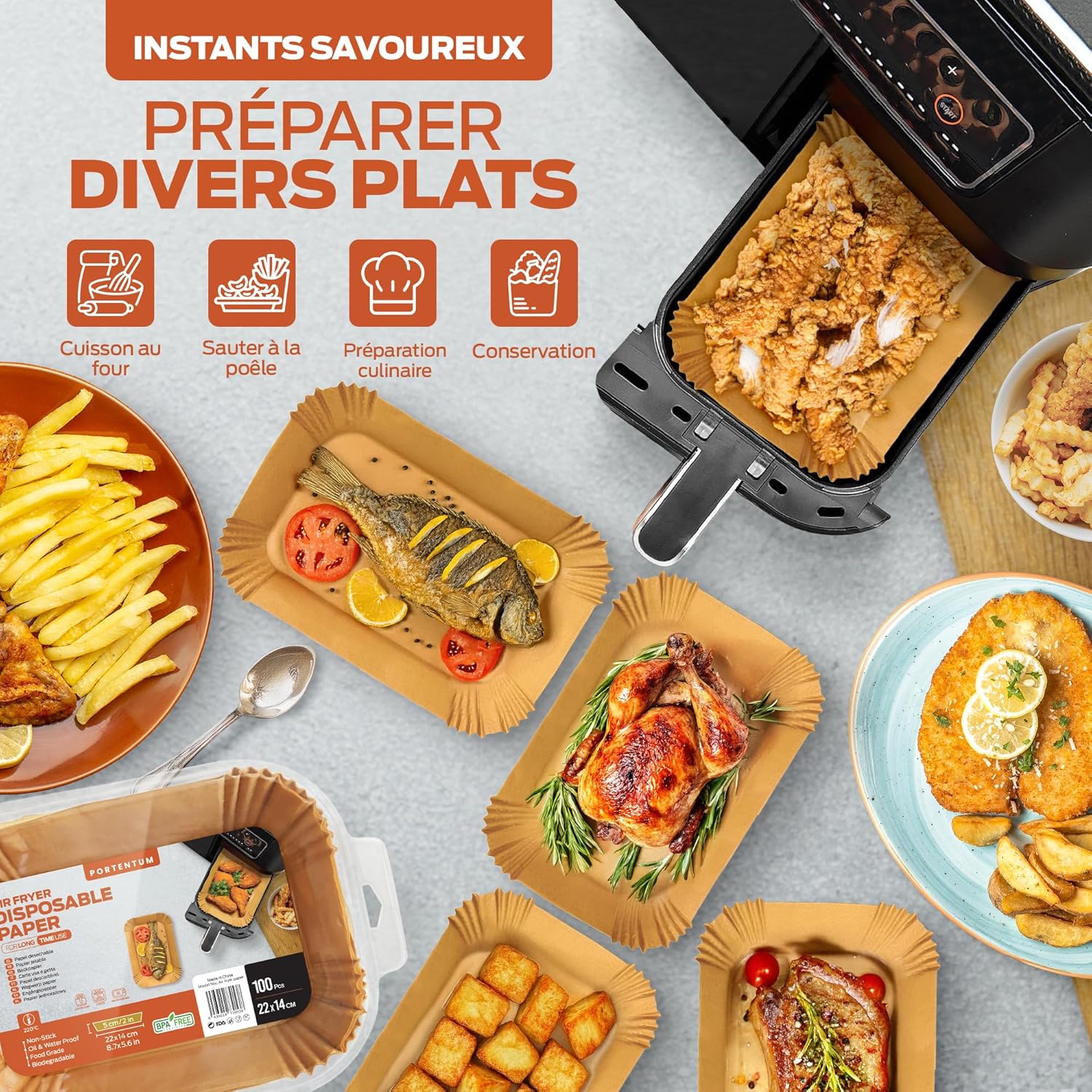 PORTENTUM - papier cuisson friteuse double - 22x14cm - 100 pièces, sans BPA, rectangulaire, compatible Ninja Foodi Dual 