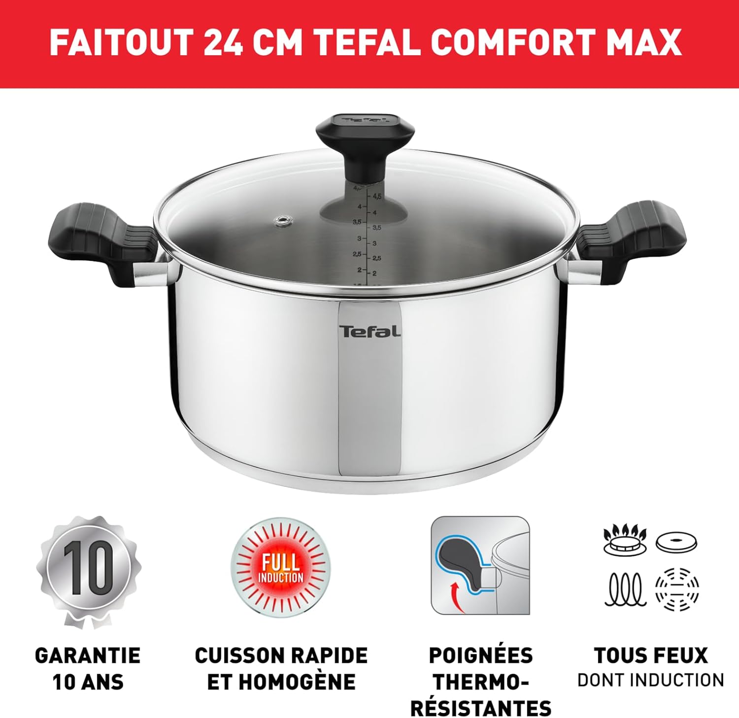 Tefal - Comfort Max - faitout 24 cm - inox induction, poignées isolées, couvercle verre - C9734604