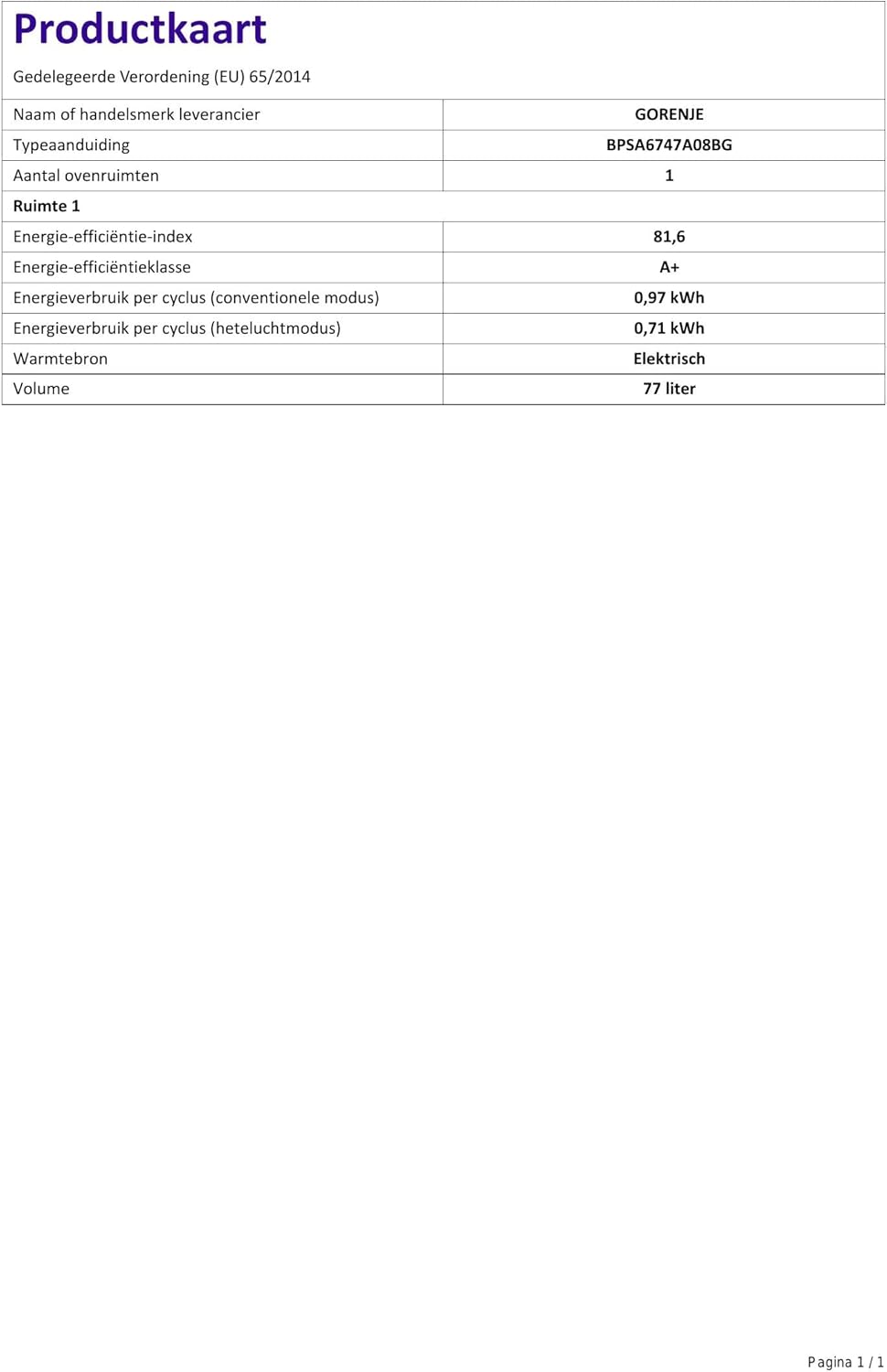 Gorenje - Four OptiBake 77L, pyrolyse, SteamAssist, tactile, BPSA6747