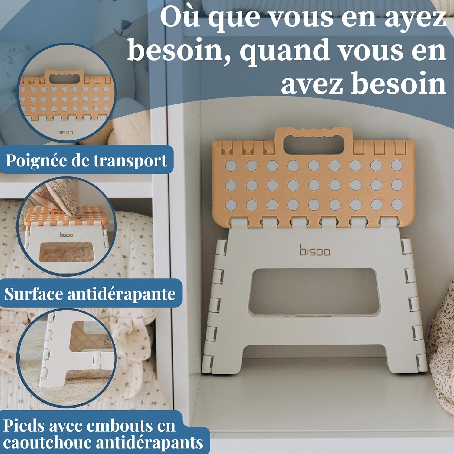 Bisoo Tabouret Pliant - Marche Pied Enfant - Tabouret Pliable Portable en Plastique - Marche Pied Pliable pour Salle de Bains et Cuisine - Sûr et Pratique pour Filles & Garçons - 22 cm Miel