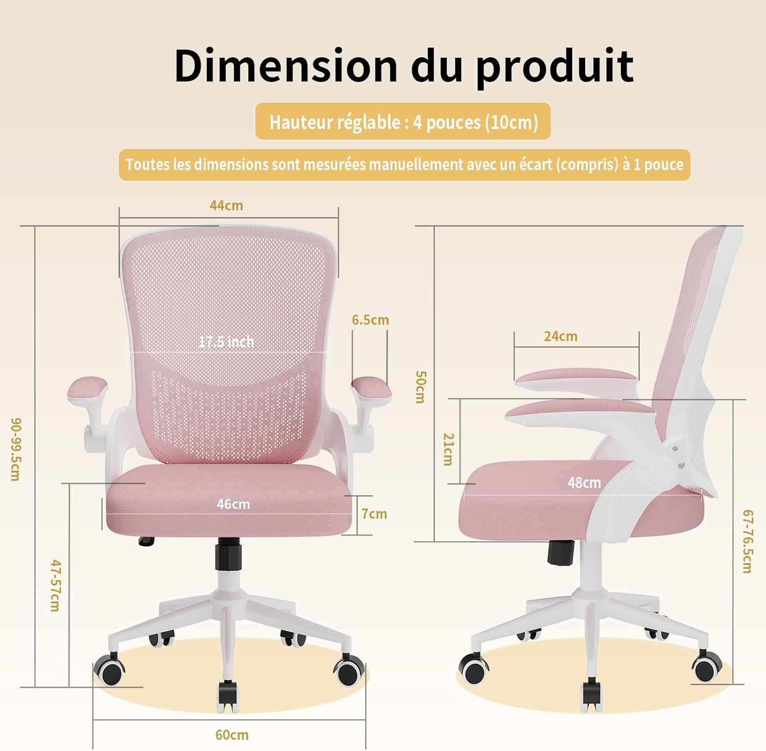 naspaluro - chaise de bureau ergonomique - accoudoirs réversibles, soutien lombaire, hauteur réglable, maille respirante