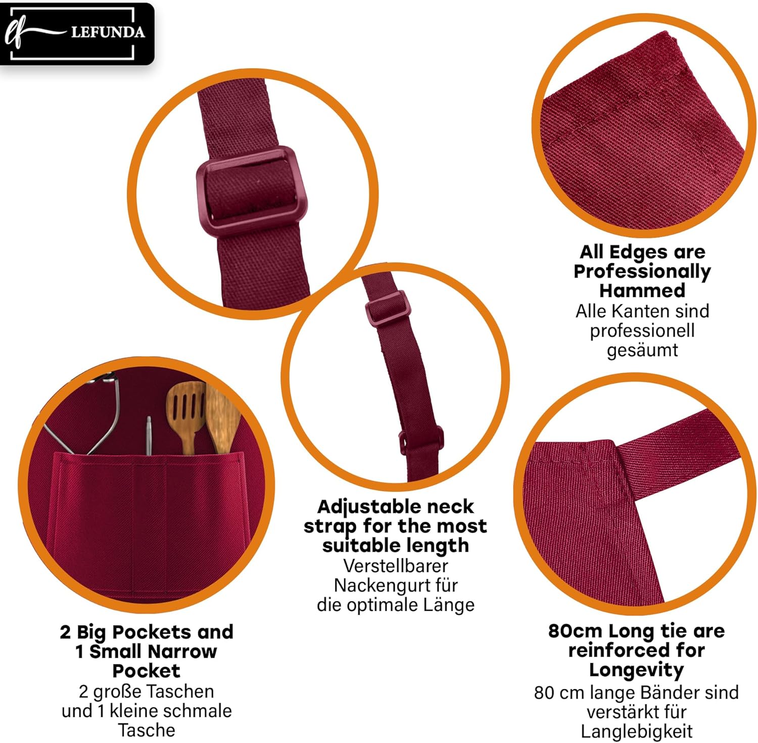 LEFUNDA - tablier cuisine réglable étanche 3 poches, longues lanières