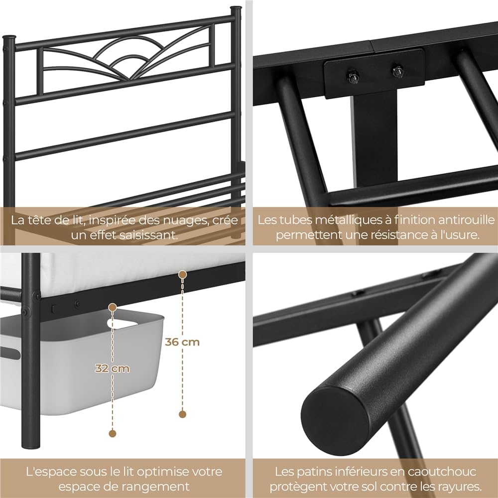 Yaheetech - lit simple métal - 90x200cm - montage facile, compact