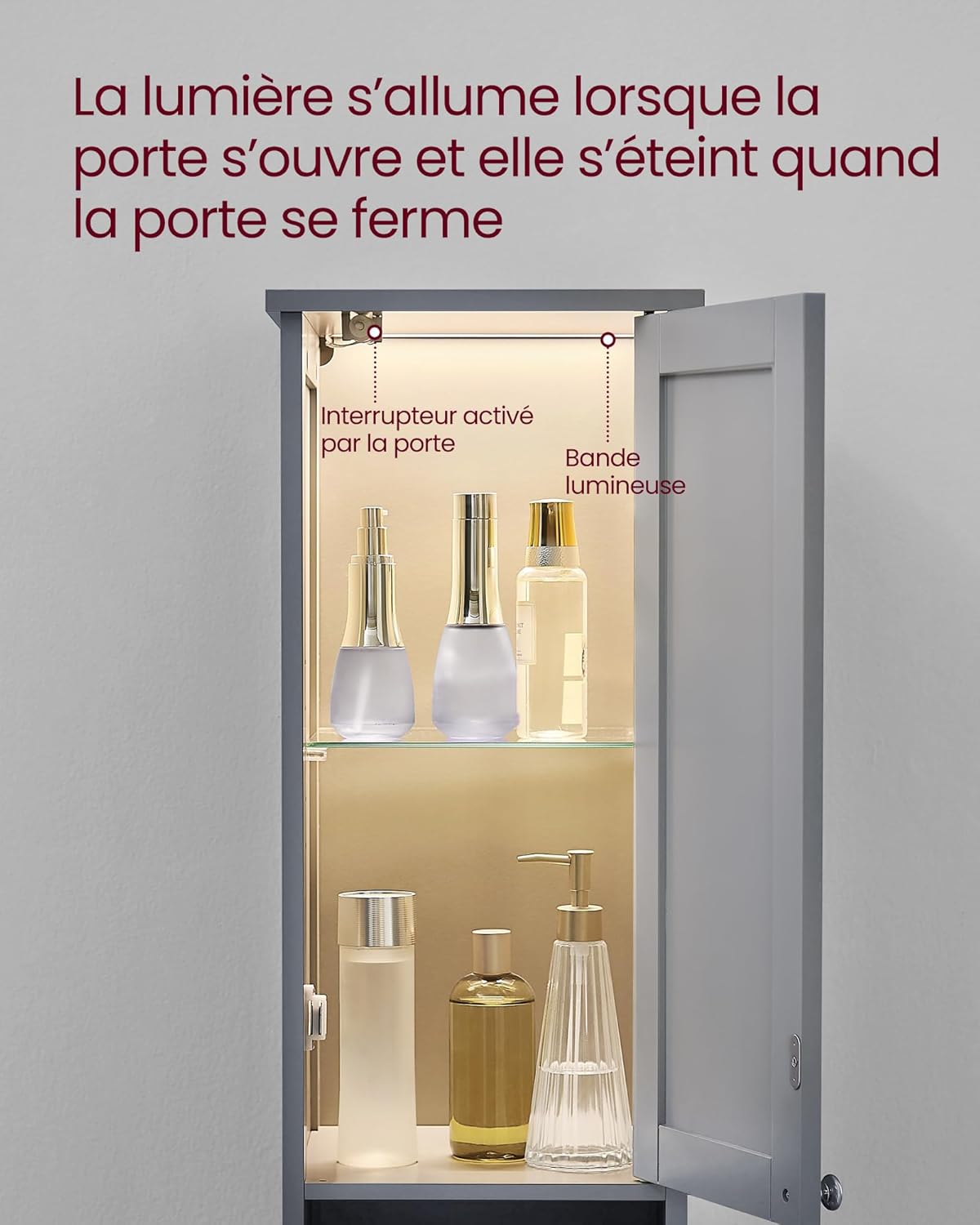 VASAGLE - Armoire haute salle de bain, étagères réglables, éclairage, BBC566G03