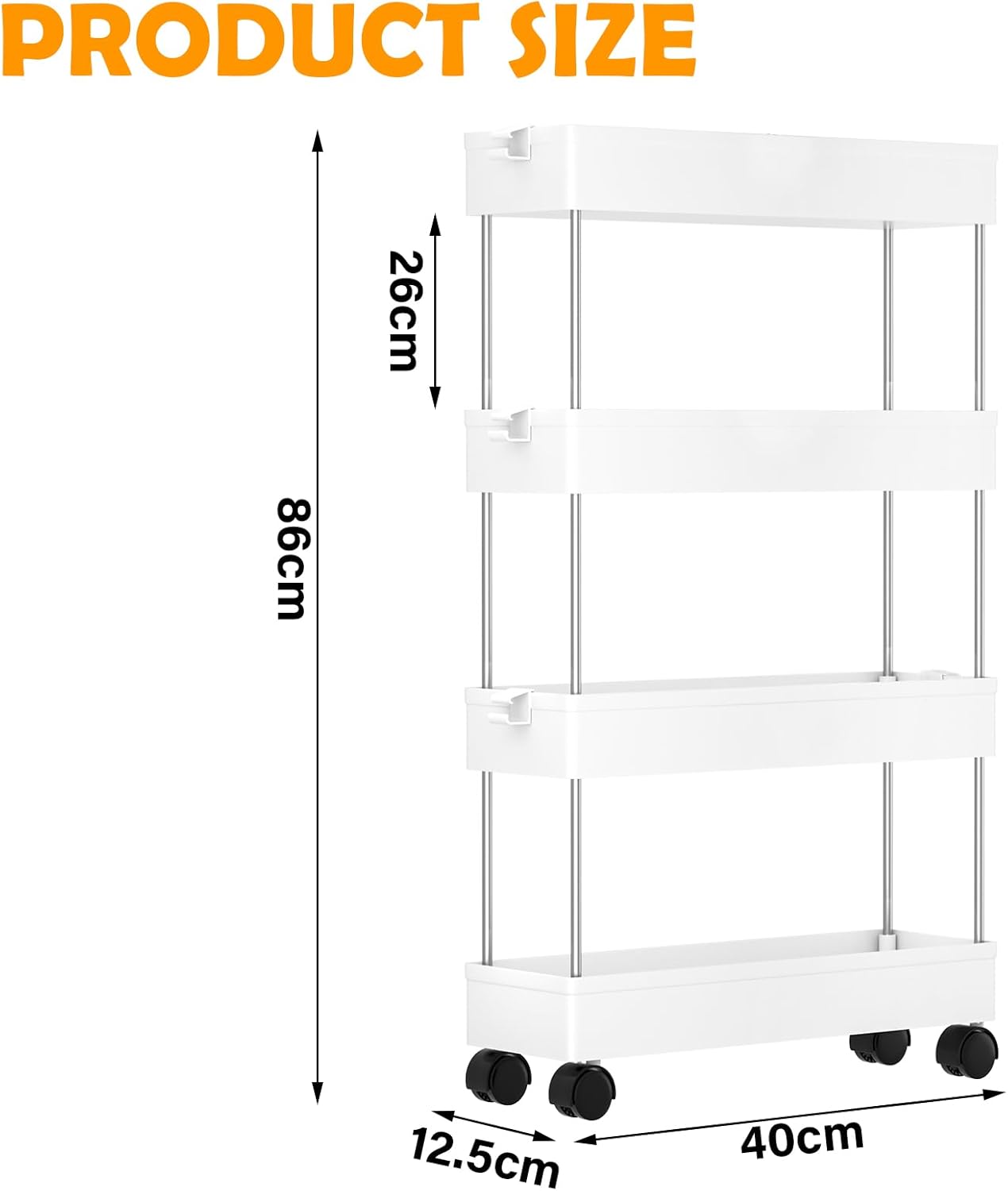 Chariot de Rangement - 4 niveaux, à roulettes, 86x40x12,5cm, compact