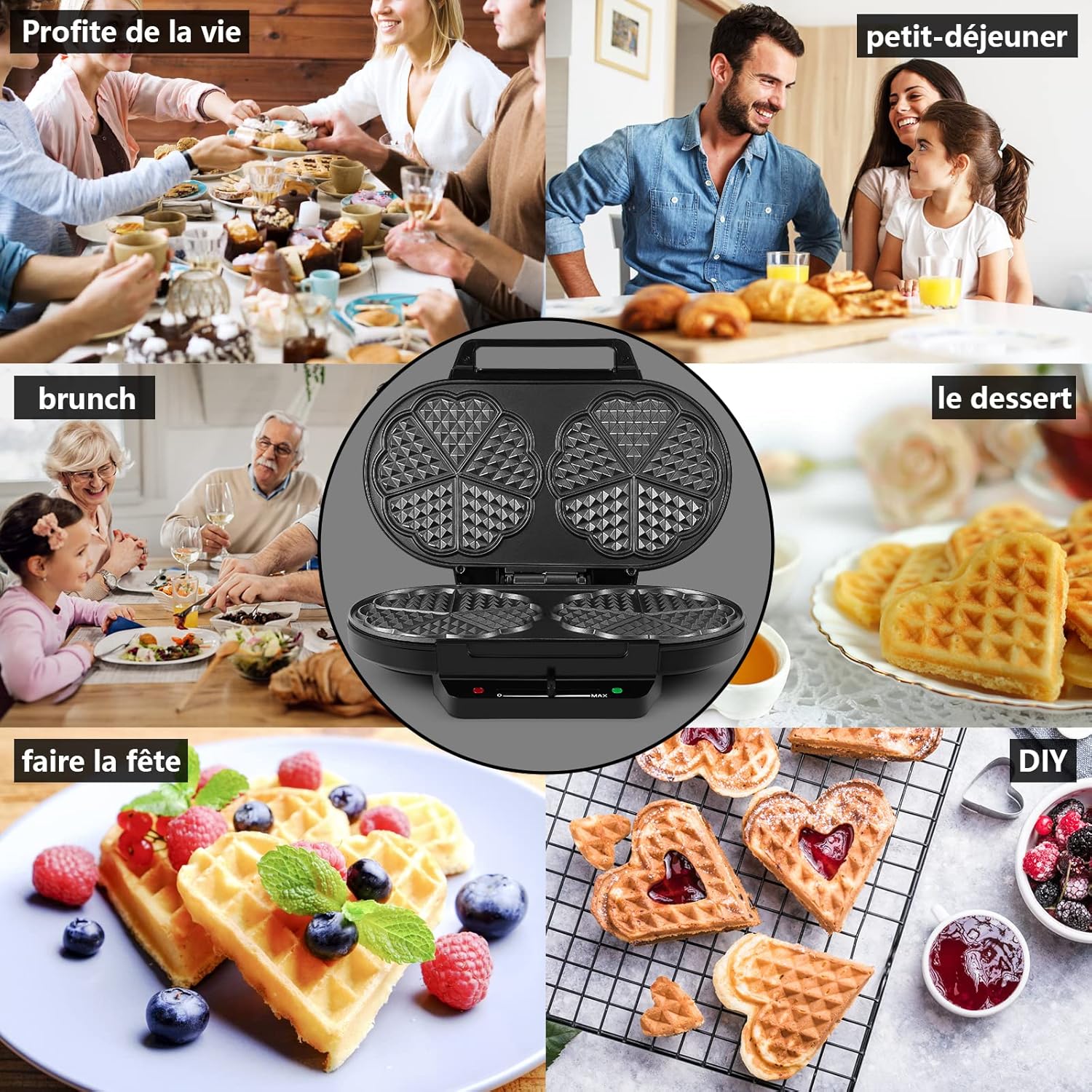 YASHE - machine à gaufres cœur - 1200W - 5 réglages, antiadhésif, anti-débordement