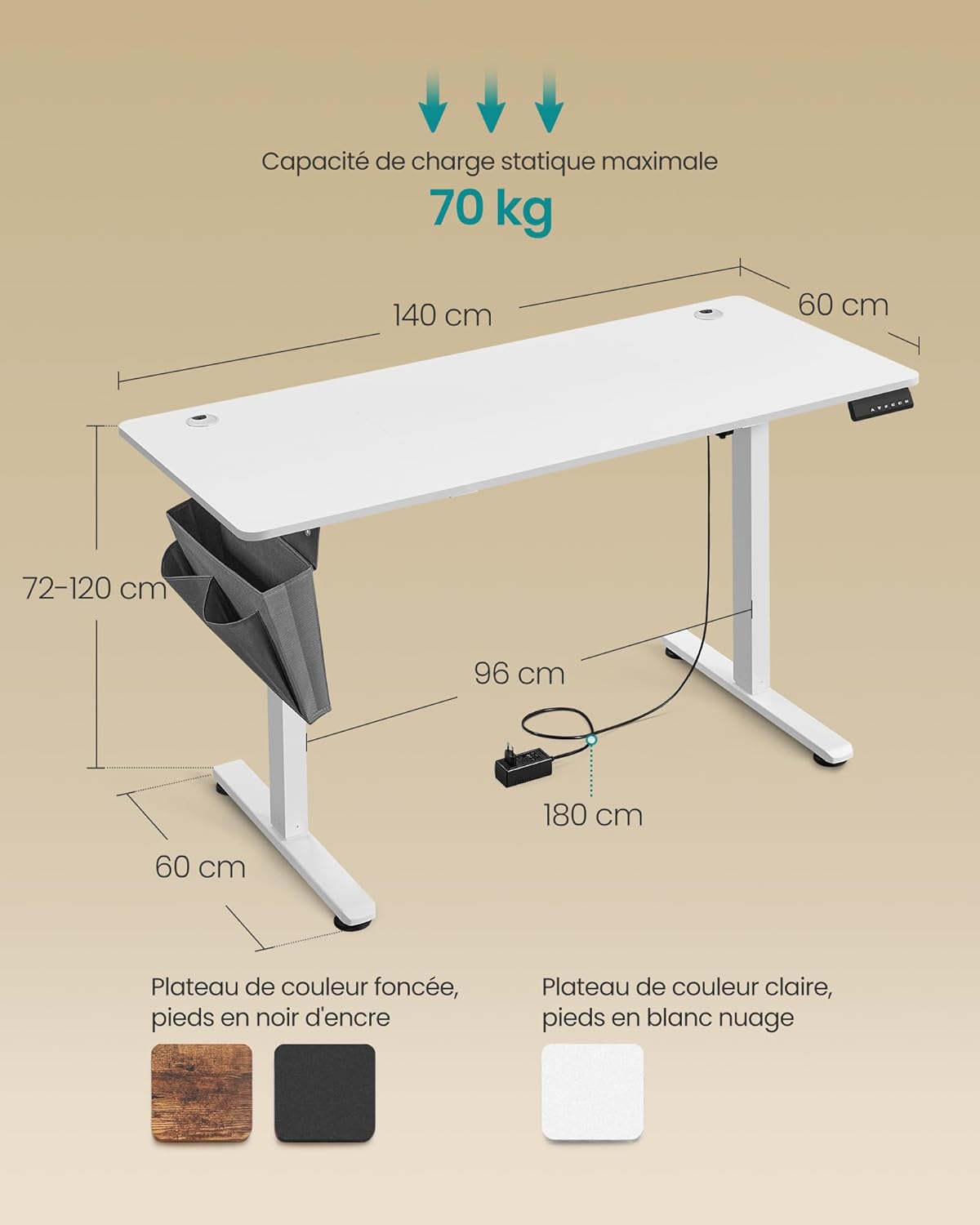 SONGMICS - bureau électrique, série réglable, 140x60 cm, mémoire 4 hauteurs LSD134W01