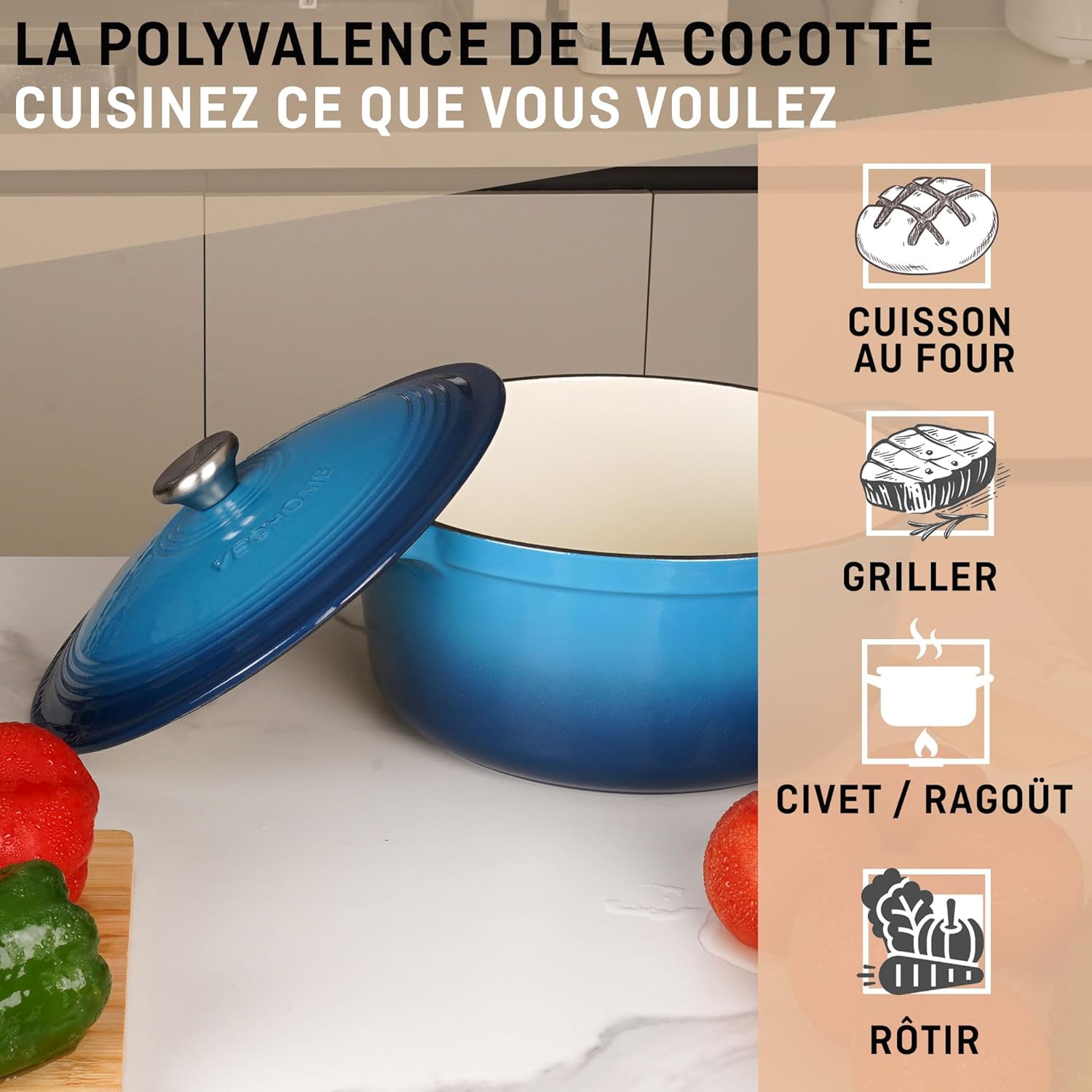 VeoHome - Cocotte Fonte Émaillée 6L - 28cm - Induction/Gaz/Four, cuisson homogène