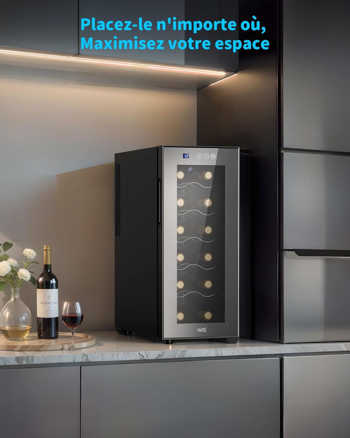 WIE - Cave à vin Mini - 33L - 12 bouteilles, miroir, LED, écran tactile