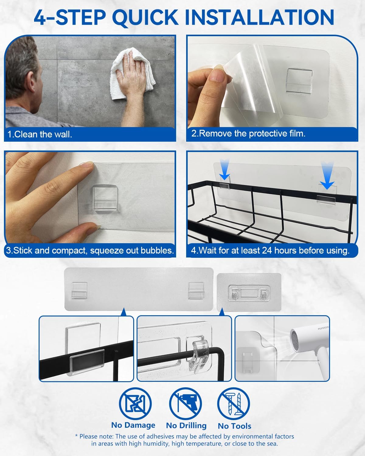 AceMining - lot de 4 étagères salle de bain, sans perçage, noir