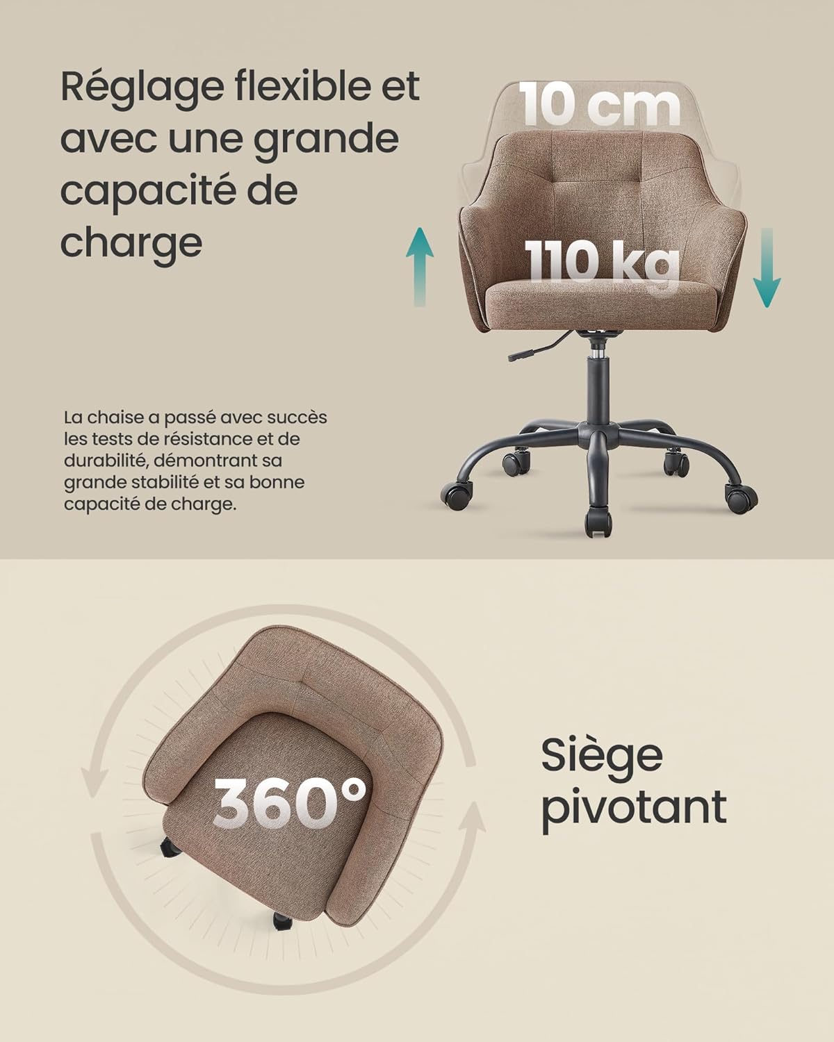 SONGMICS - chaise de bureau ergonomique - hauteur réglable, tissu coton-lin, cadre acier, capacité 110 kg - OBG019K01