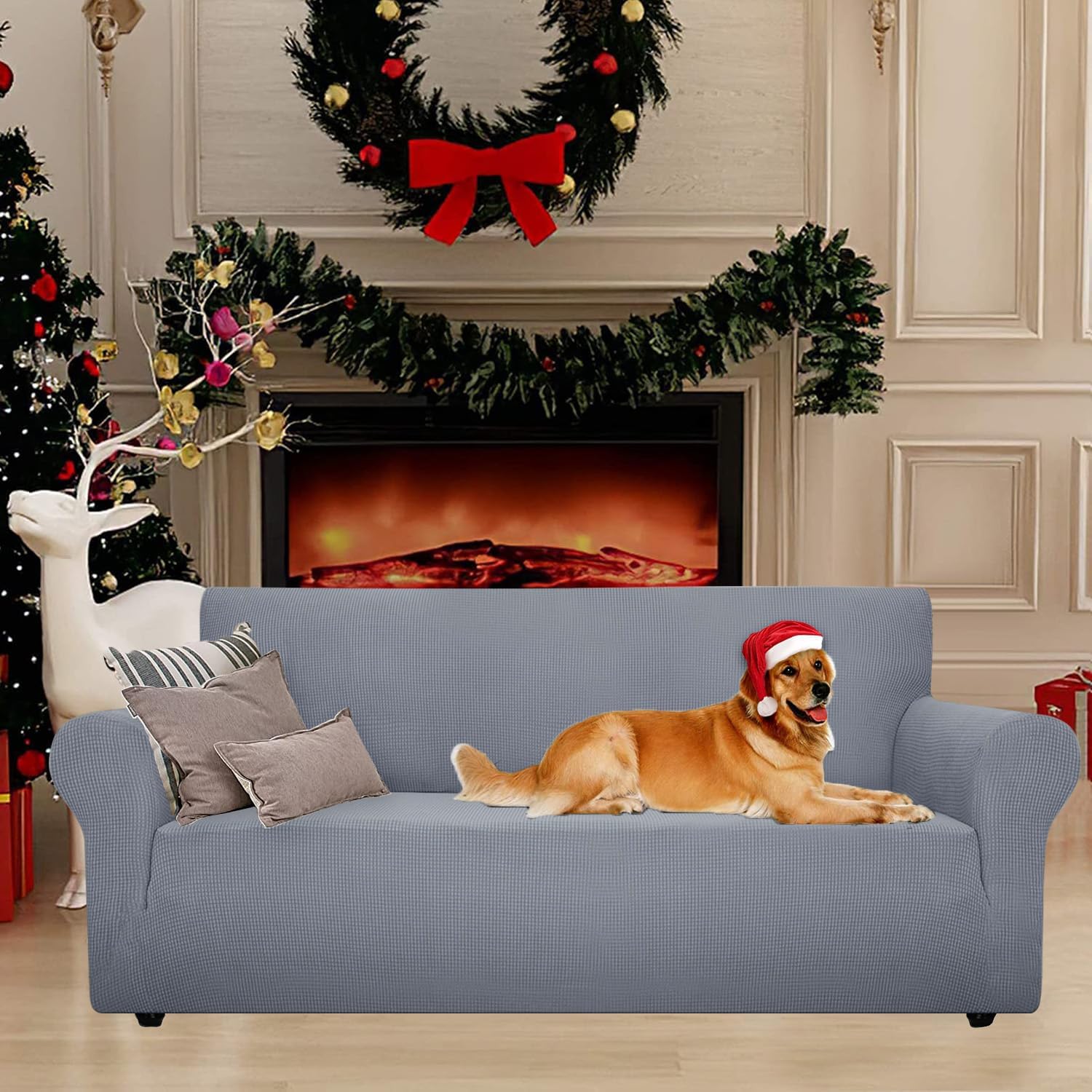 Housse Canapé - 2 places, extensible, accoudoirs, lavable, gris clair