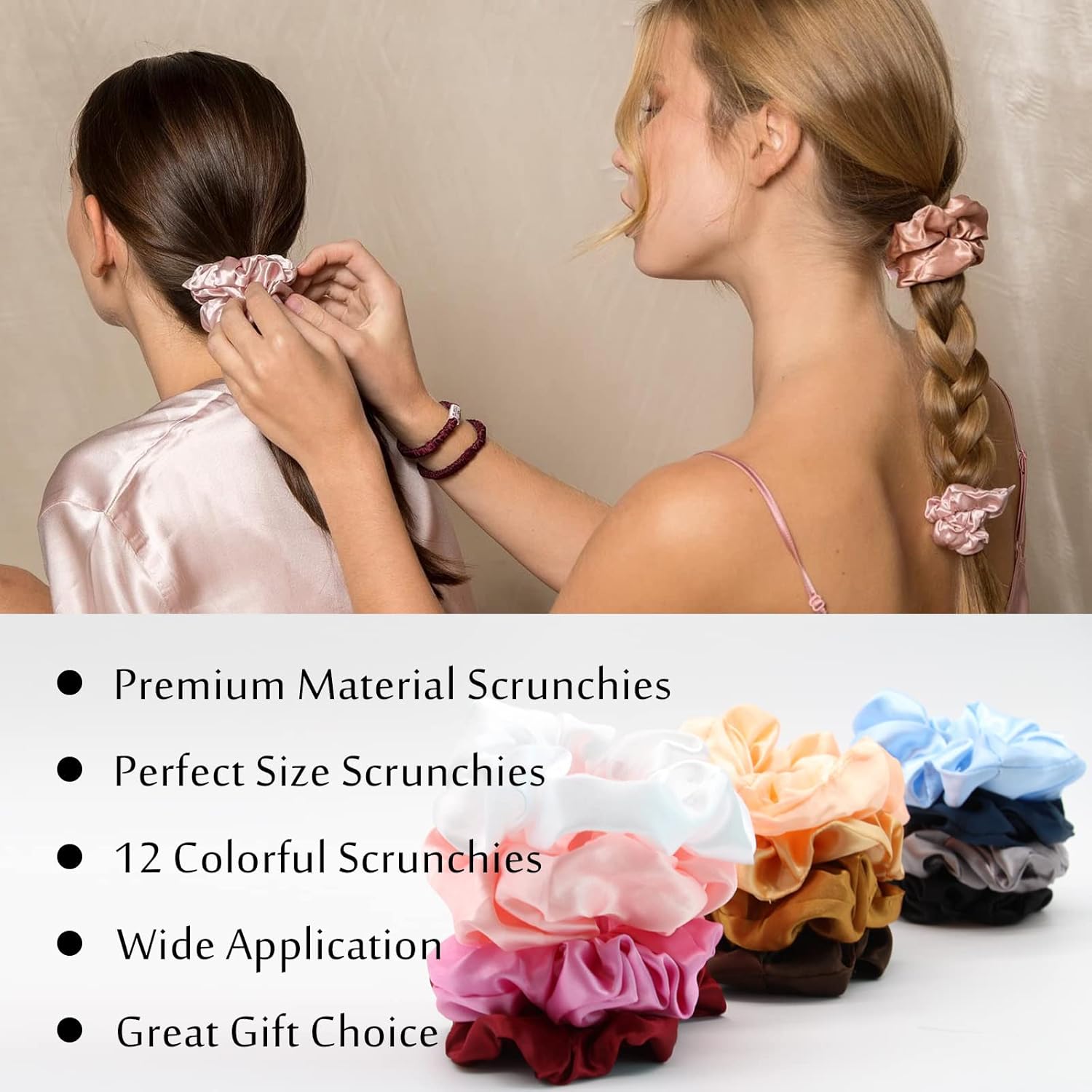 Chouchou en soie - lot de 12 - satin, couleurs variées, élastique