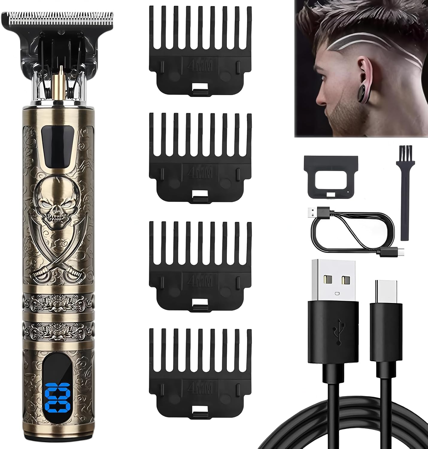 Tondeuse cheveux homme - Lame T zéro écart, IPX7, USB, 4 peignes - coupe précise - pirate