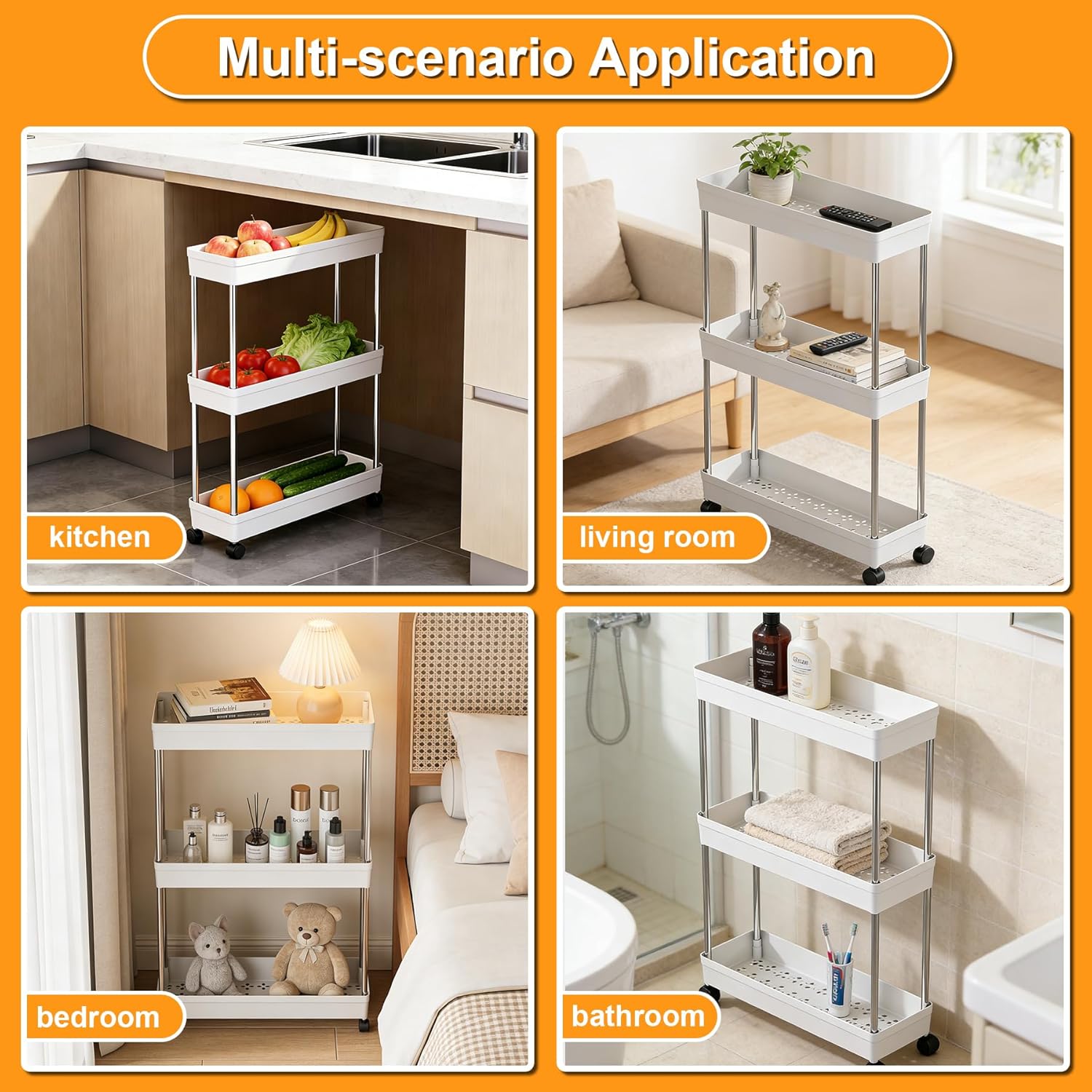 Chariot de rangement 3 niveaux - étagère mobile blanche - cuisine et salle de bain - roulettes robustes - 40x22x86cm