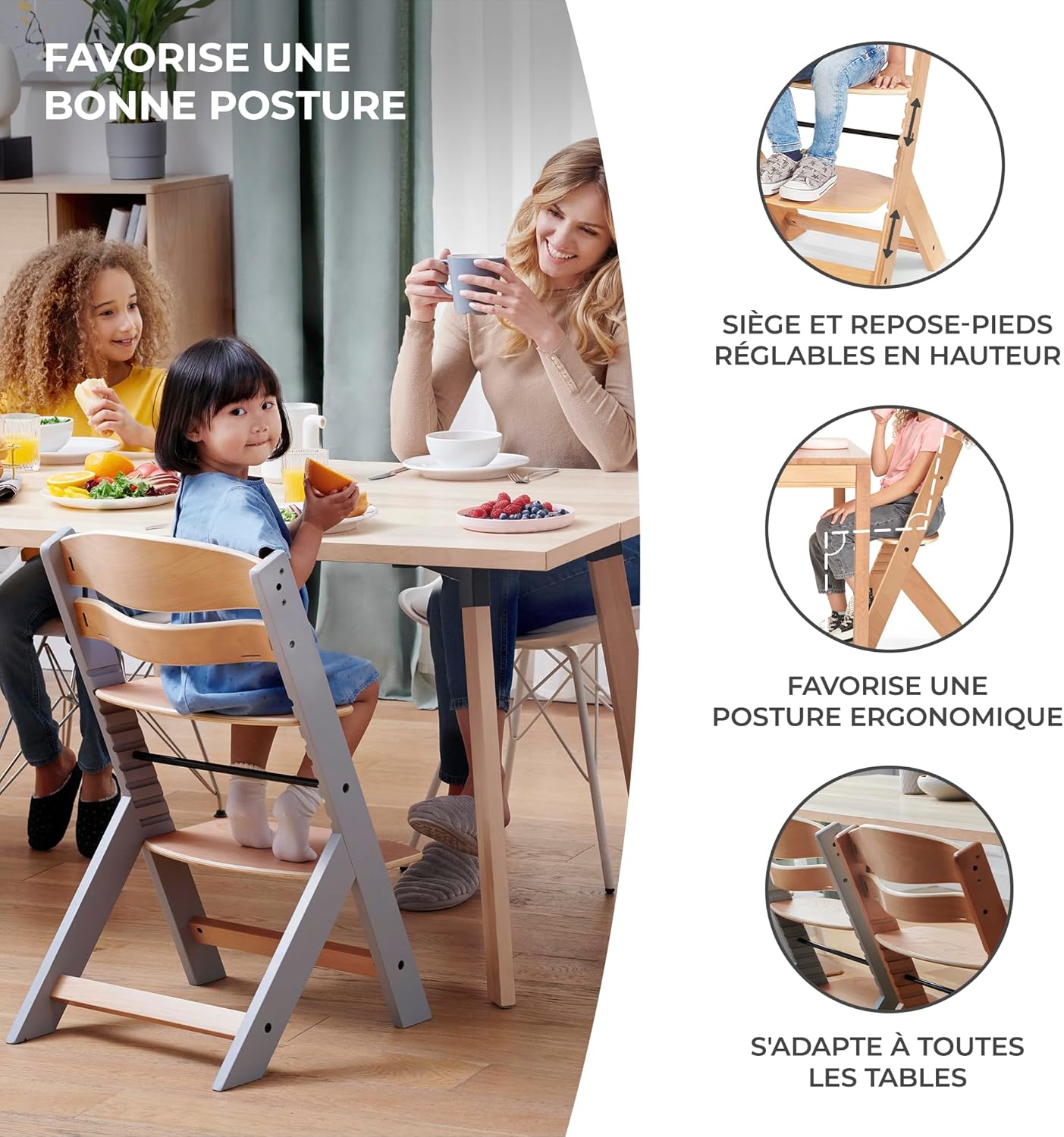Kinderkraft - Chaise haute ENOCK - bois naturel évolutif réglable, 3 en 1