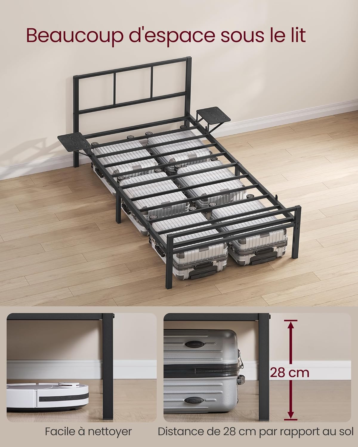 VASAGLE - cadre lit ado, métal, 90x190 cm, étagères, montage facile RMB191BD01