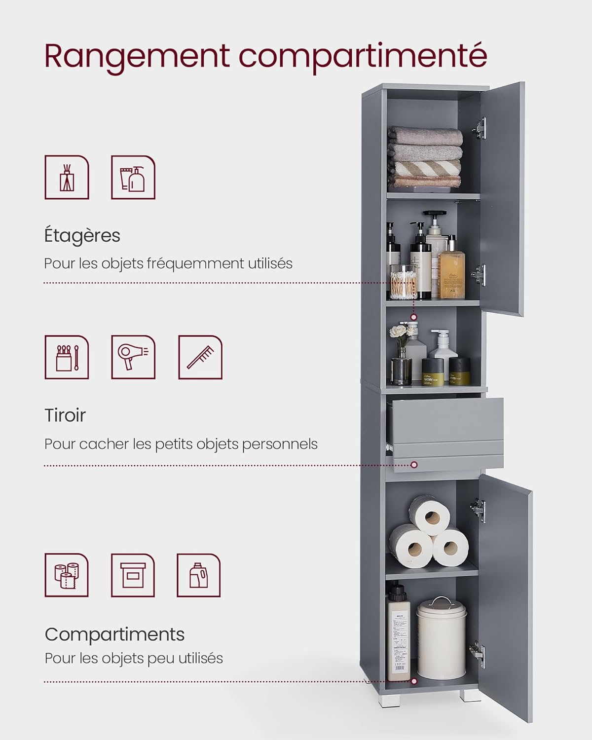VASAGLE - armoire salle de bain, 30x30x170 cm, tiroir, étagères réglables, BBC560P36