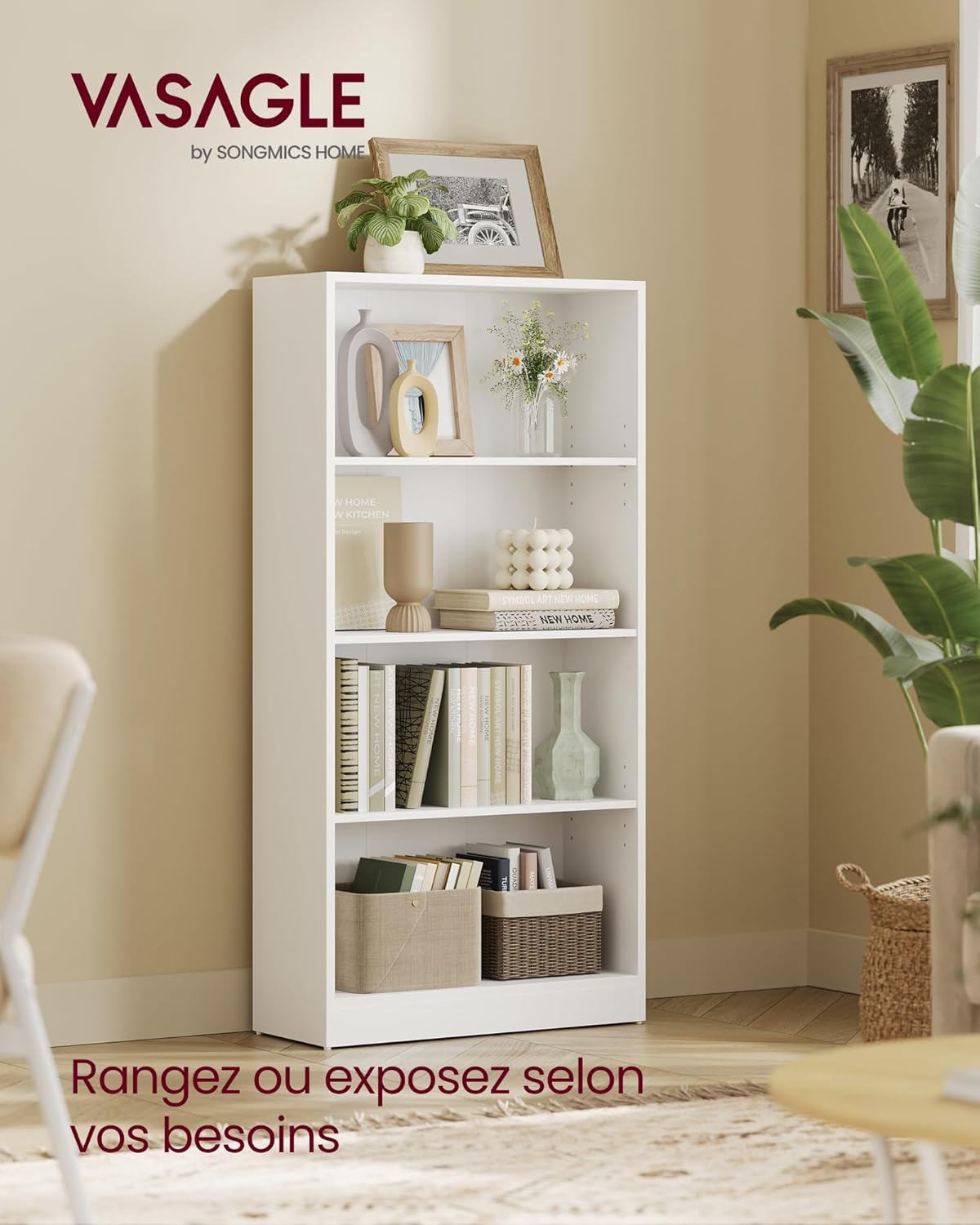 VASAGLE - étagère bibliothèque 4 niveaux - 24x60x121,5cm - rangement ouvert design blanc LBC107T14
