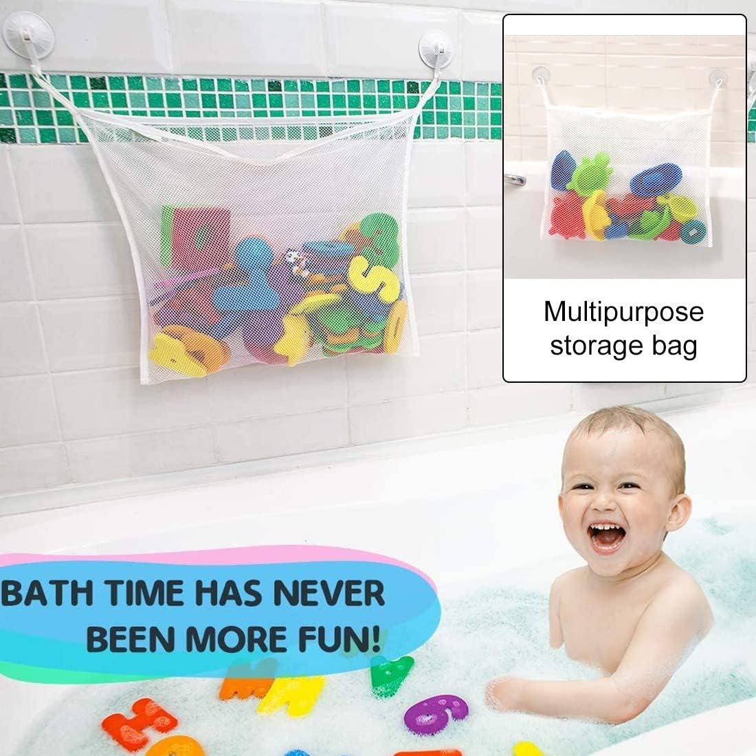 Filet de bain rangement jouets, animaux marins, 2 ventouses, lavable, sans perçage