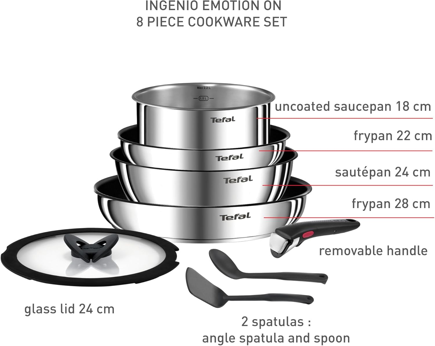 Tefal - Ingenio Emotion - batterie 8 pièces, inox, induction, poignée amovible, L8979804