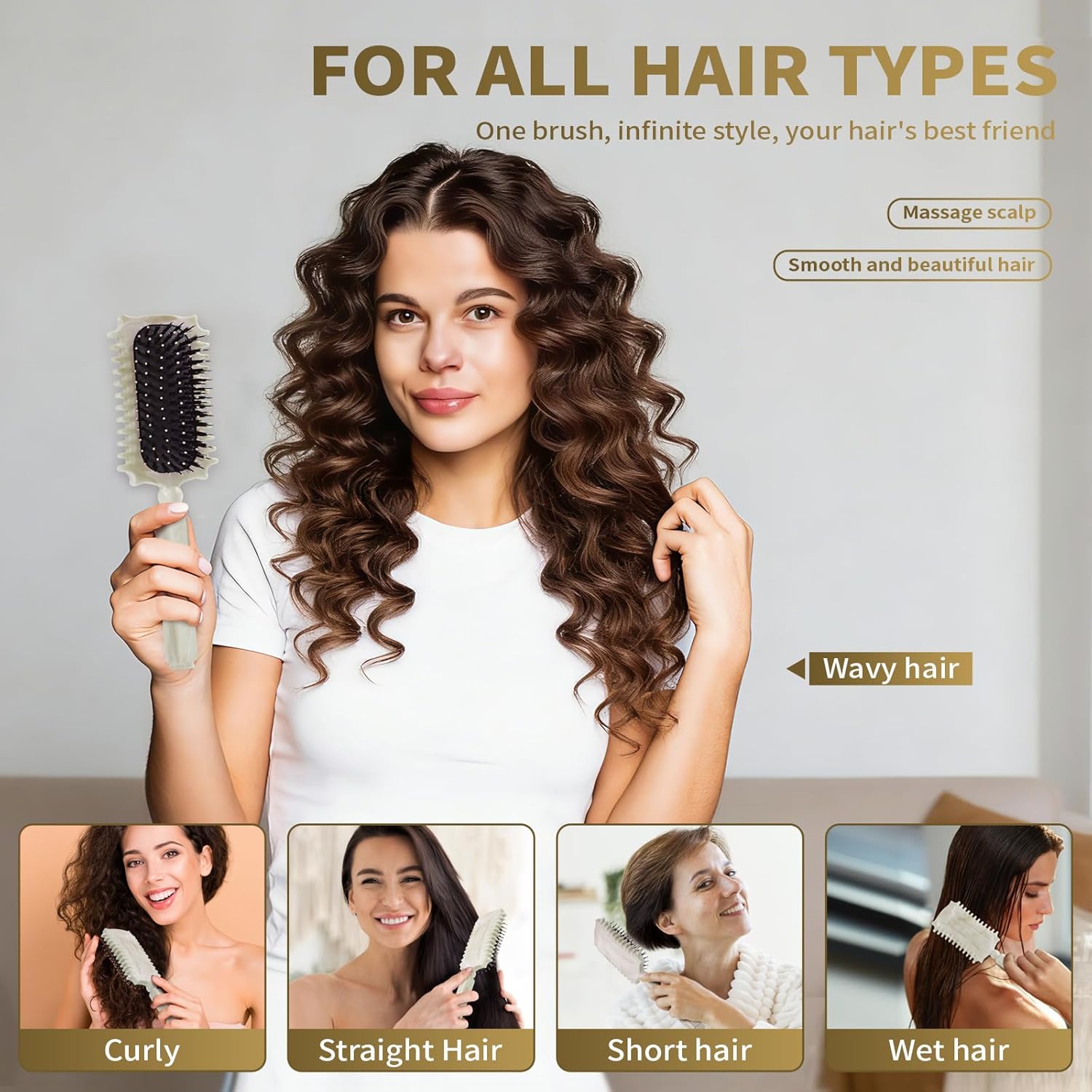 Brosse coiffante - brosse à boucler cheveux - beige - réduit frisottis, fixe boucles, nettoyage à griffes