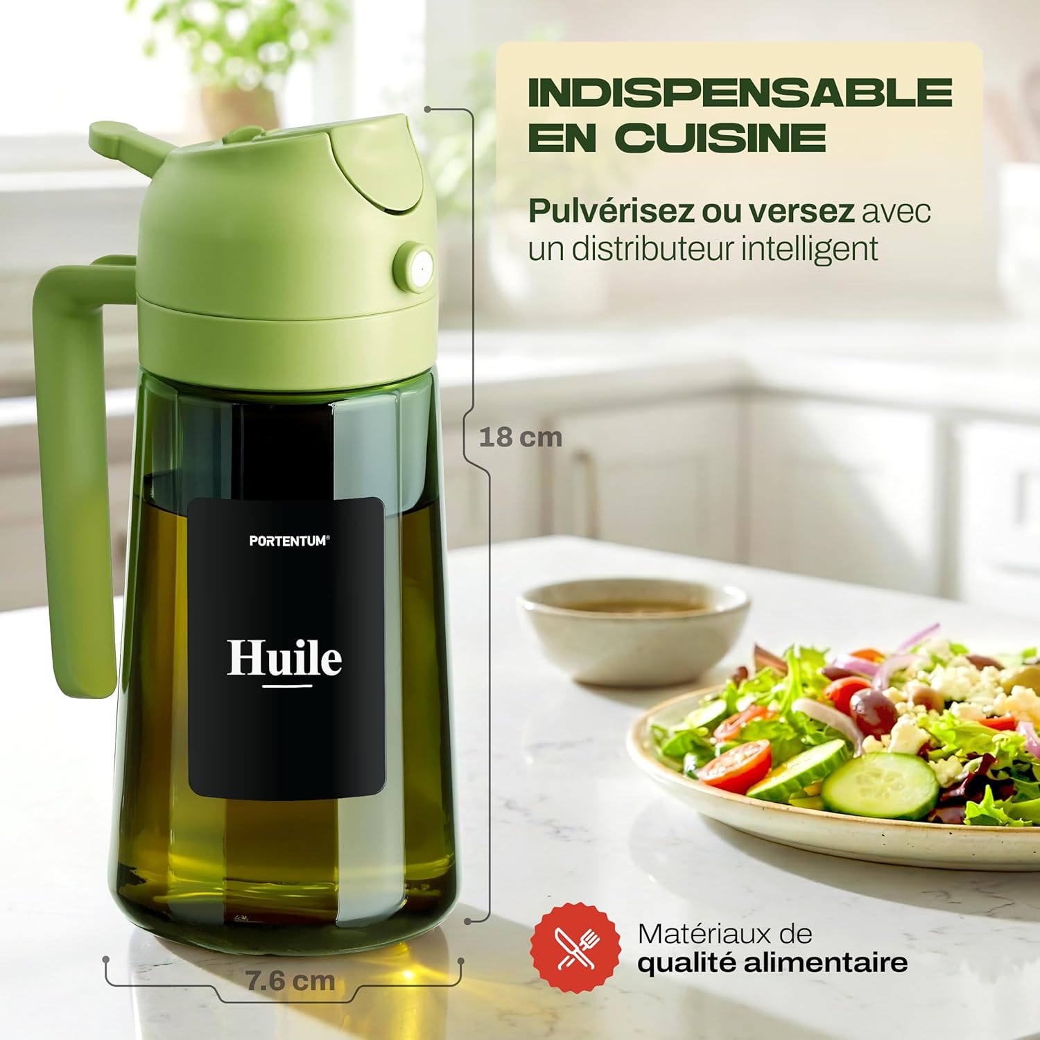 PORTENTUM - Spray huile cuisine 2en1, 470ml, verre vert, étiquettes multilingues