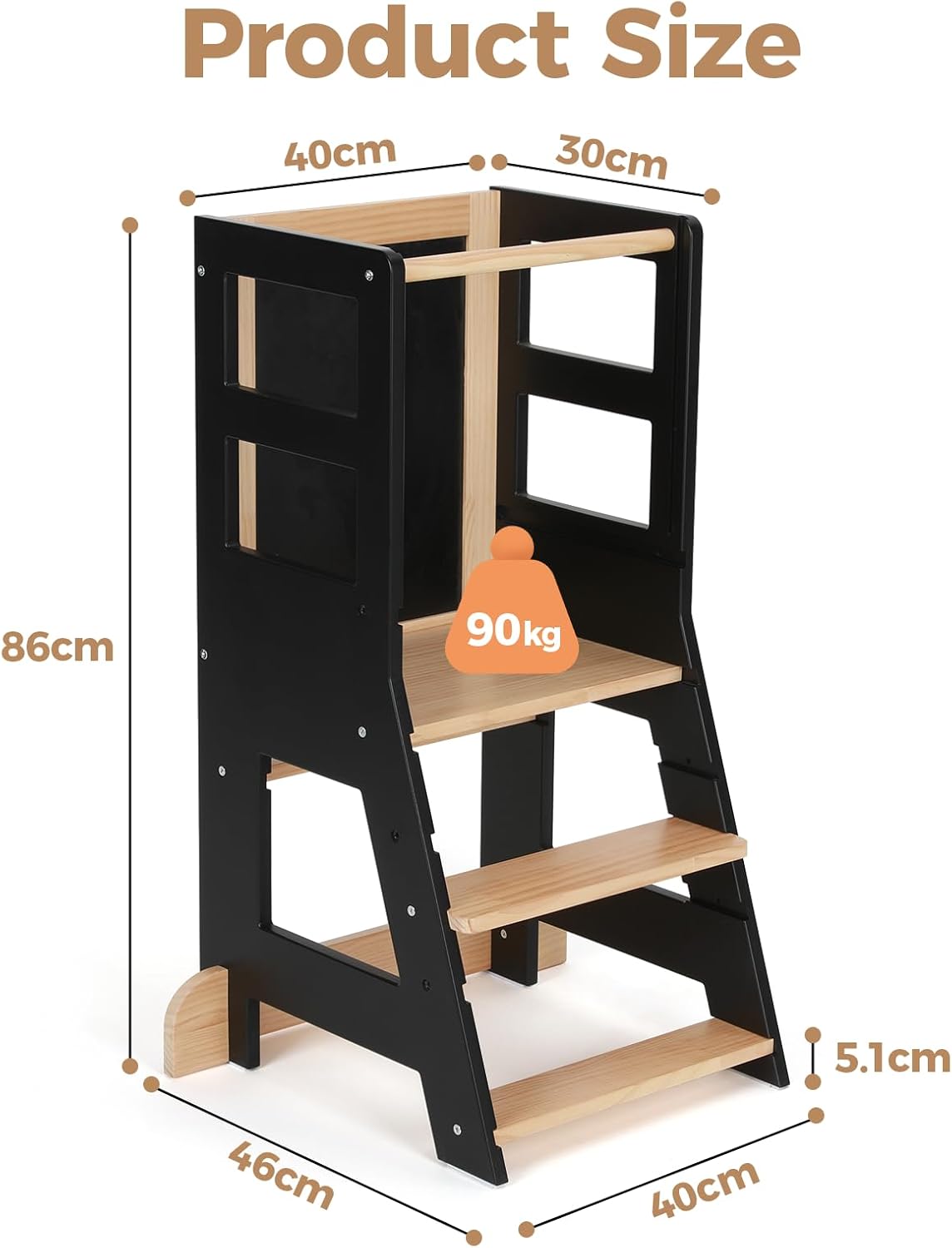KIDINIX - Tour d'apprentissage Montessori - hauteur réglable, anti-basculement, bois/noir