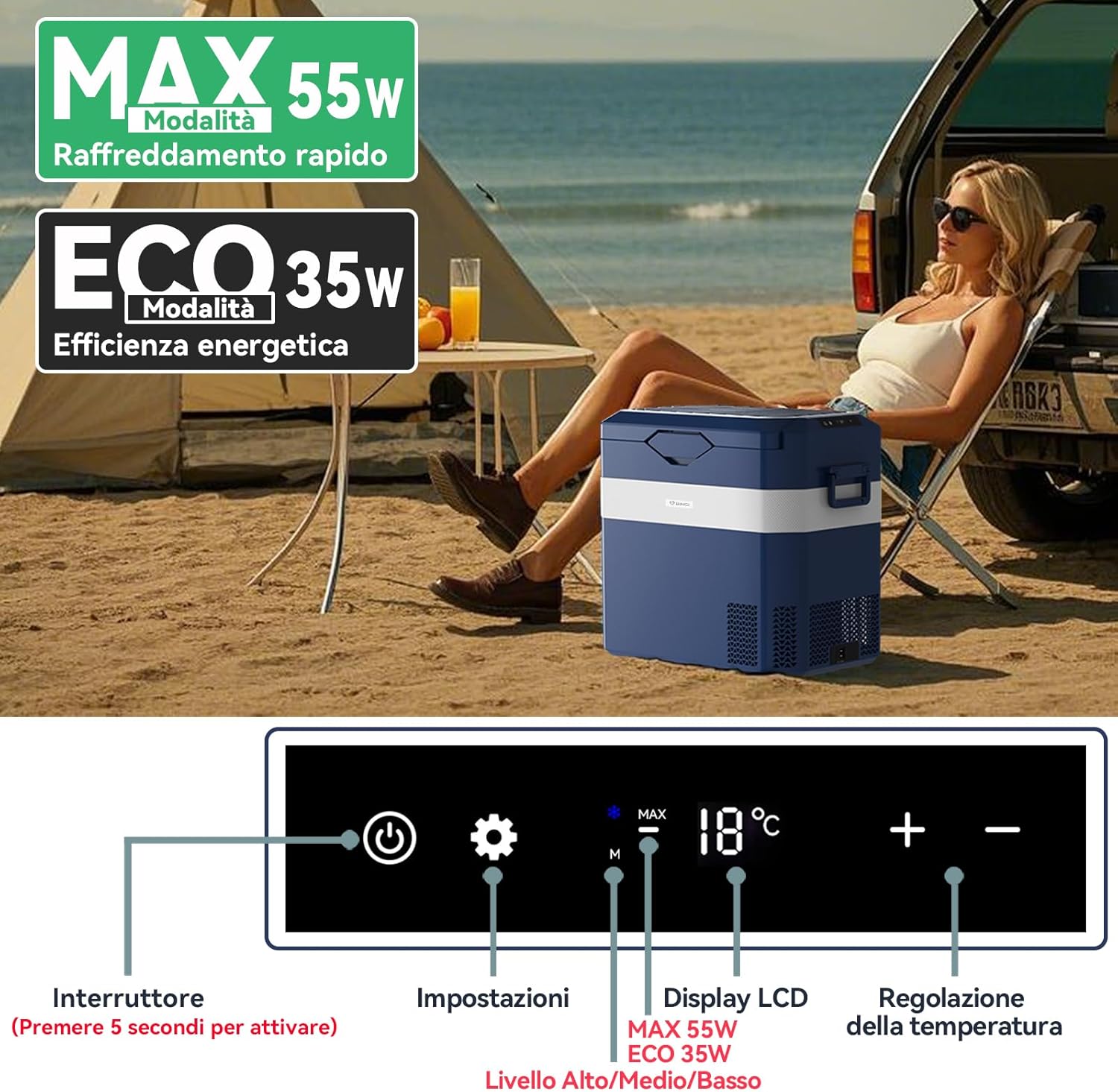 BINGI - glacière électrique 38L - jusqu’à -18°C, multi-voltage, portable