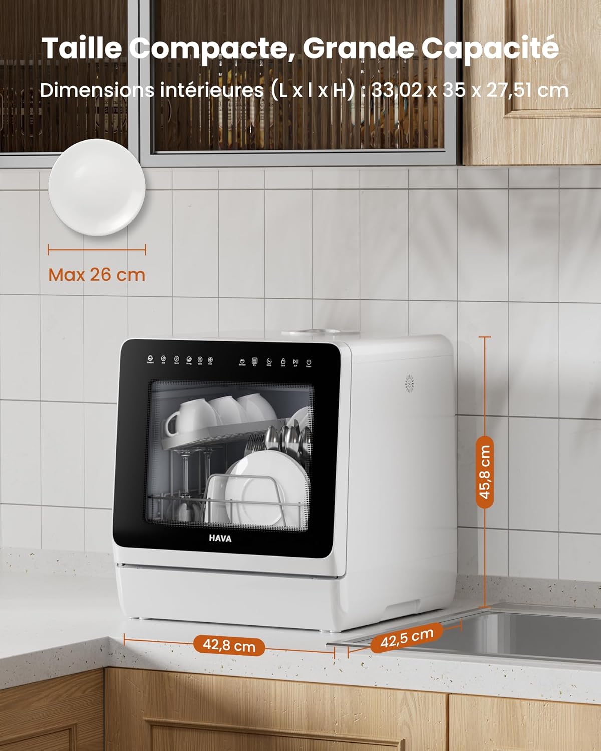 HAVA - lave-vaisselle compact série 2025 - efficace, 8 programmes, adoucisseur, verrou enfant, démarrage différé