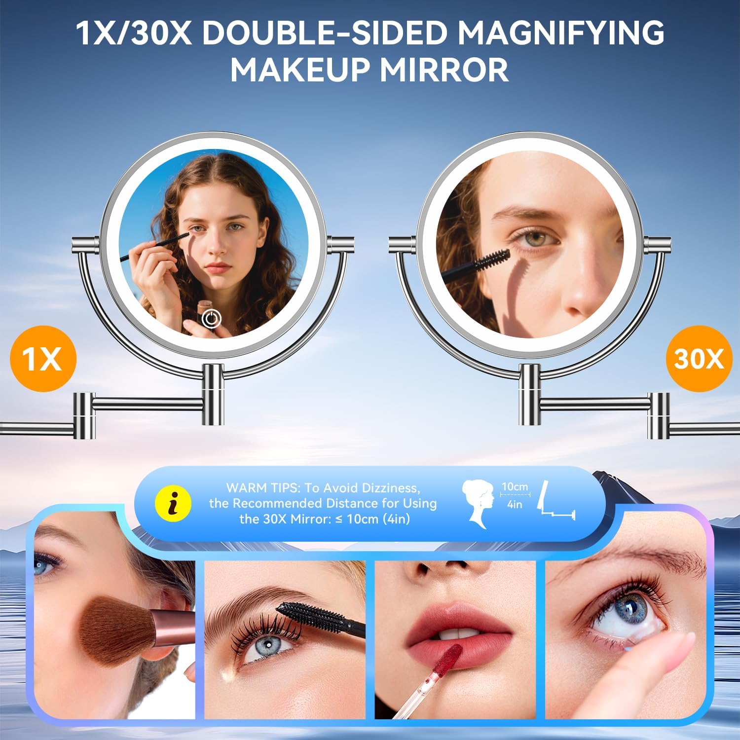 Auxmir - miroir mural série lumineuse - 8 pouces - 1X/30X grossissant, 3 couleurs, tactile, 360° pivotant, branchement E