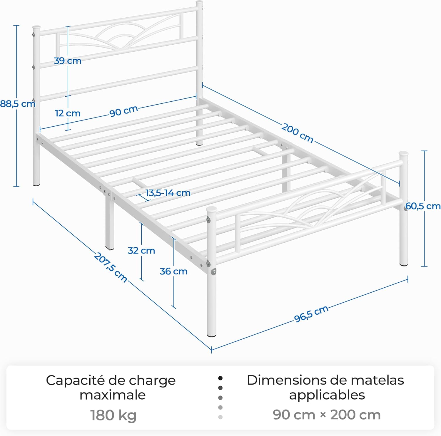 Yaheetech – lit simple métal – 90x200cm – blanc, montage facile