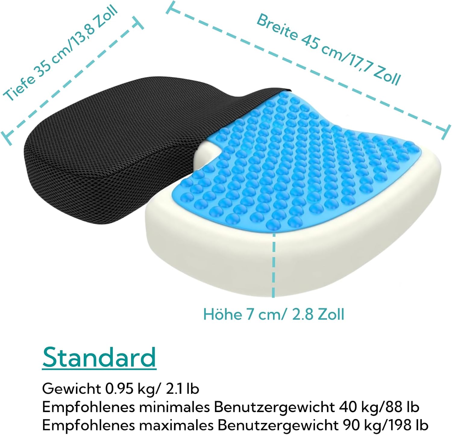 Bonmedico - Coussin standard ergonomique bleu, mousse mémoire, assise bureau