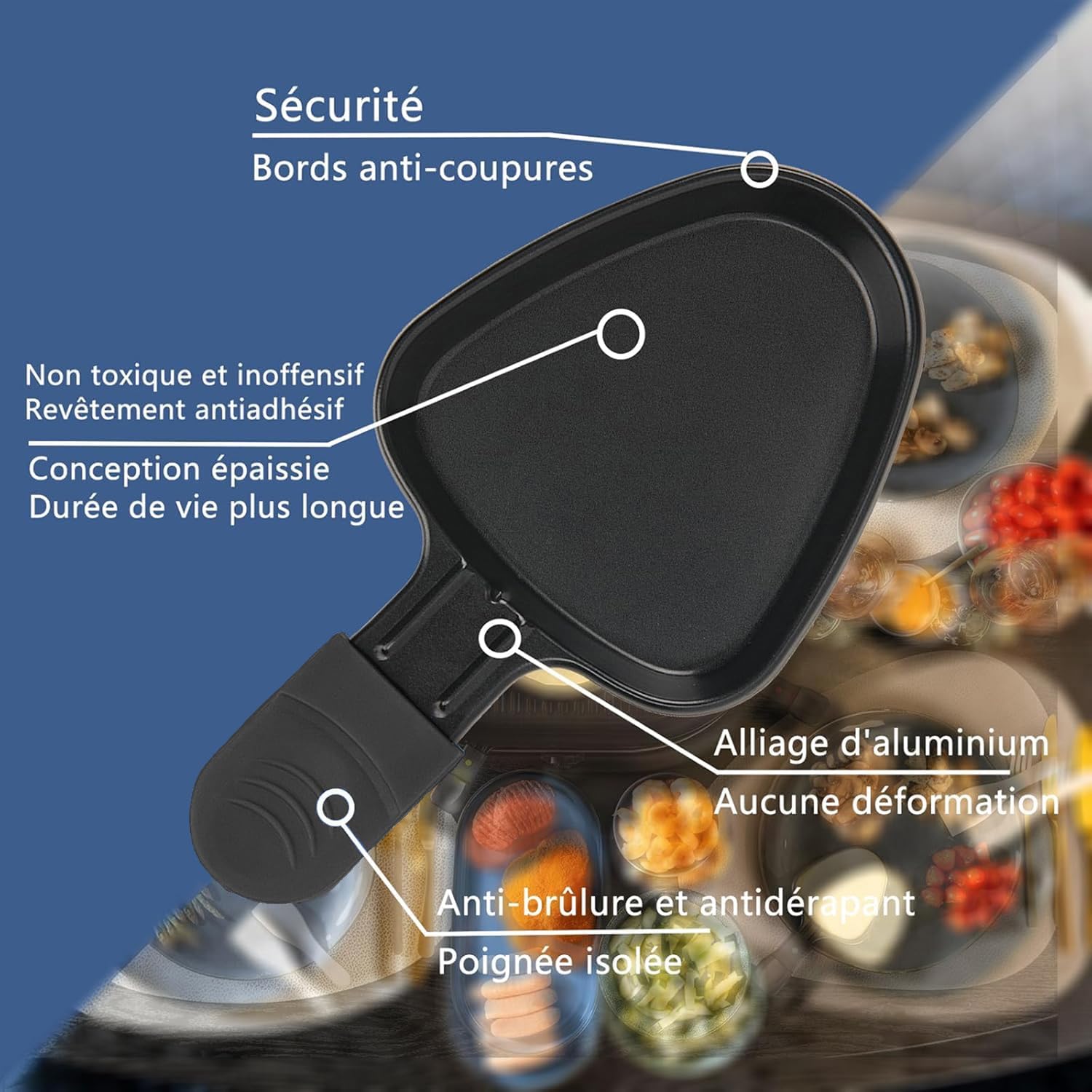 Poêle à raclette 8 parts - revêtement antiadhésif, poignées isolées, 8 spatules