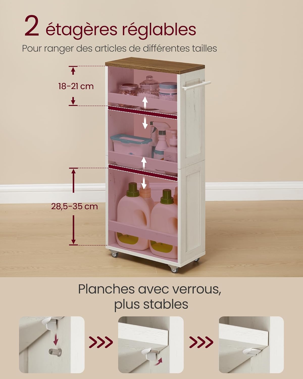 VASAGLE - chariot de rangement 4 niveaux, 20x43,2x86,5 cm, roulettes, LRC051K01
