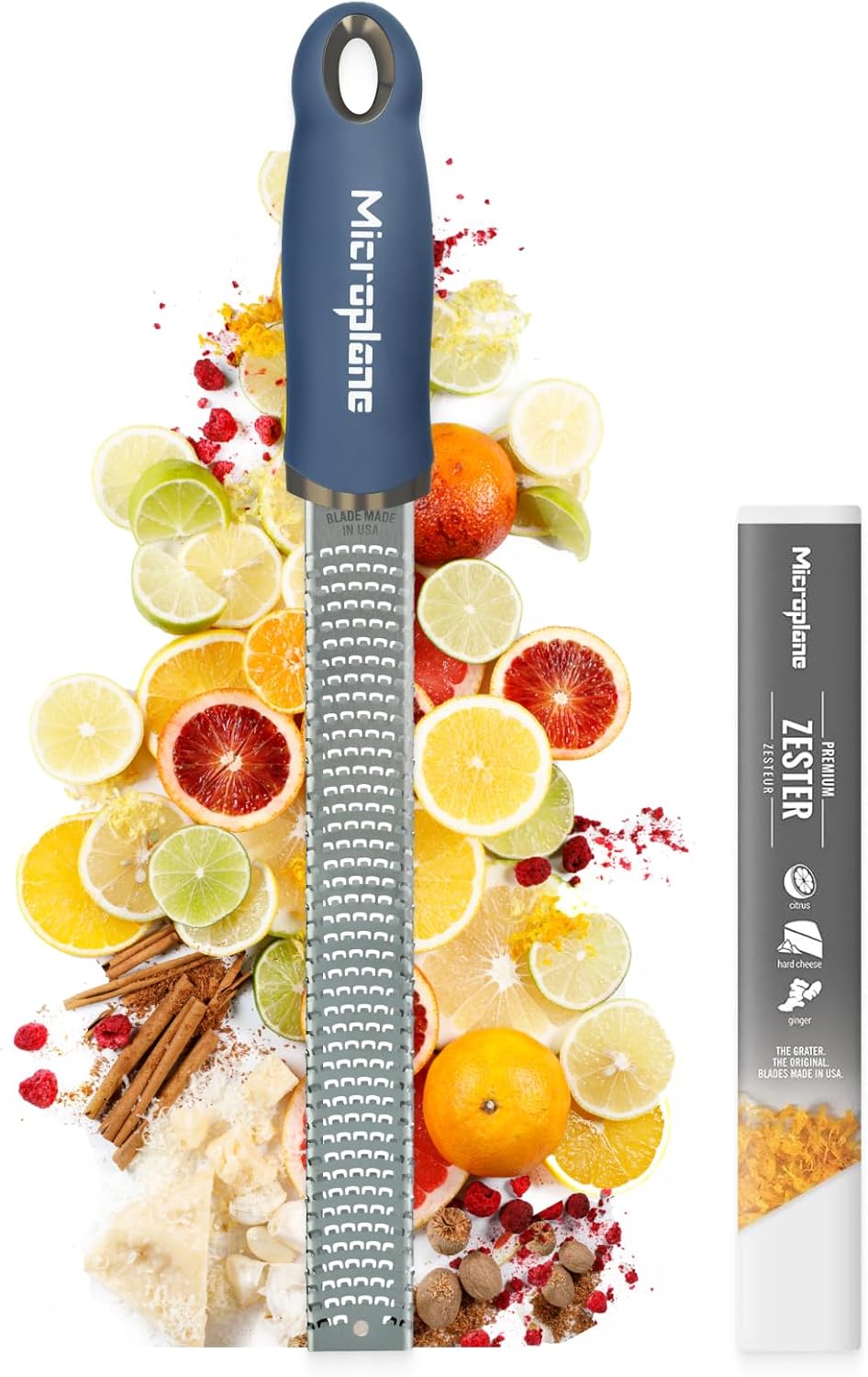 Microplane - Râpe à zesteur série fine - bleu denim - lame fine, usage agrumes, parmesan, gingembre, chocolat, noix de m