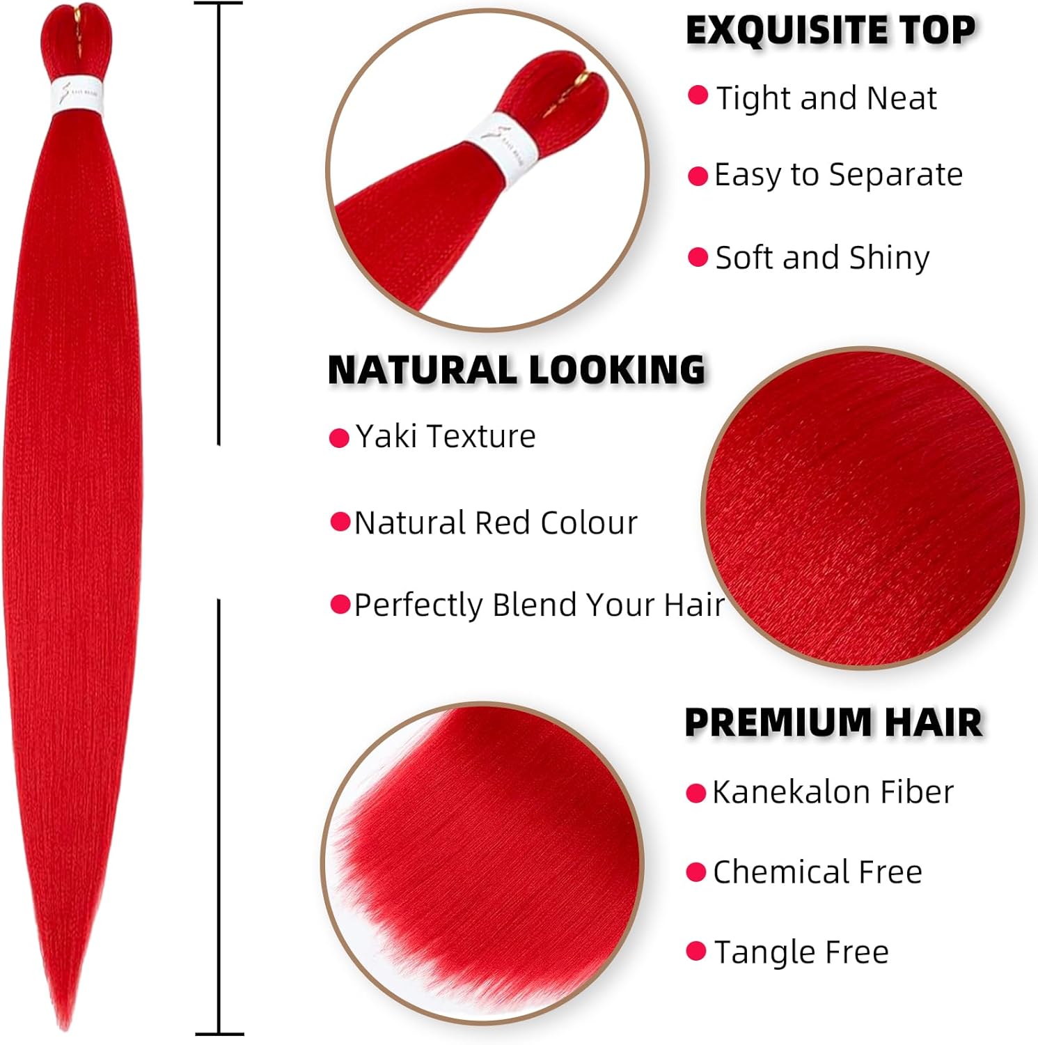 Rajout cheveux tressés - pré-étiré 30 pouces - kanekalon, 6 paquets, lisse, rouge, yaki