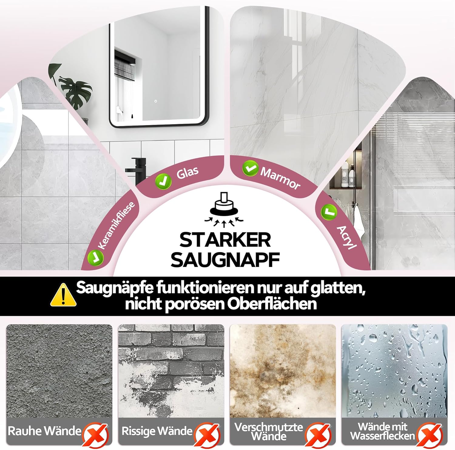 Miroir grossissant - 30x, éclairage LED, ventouse, or rose, maquillage précision