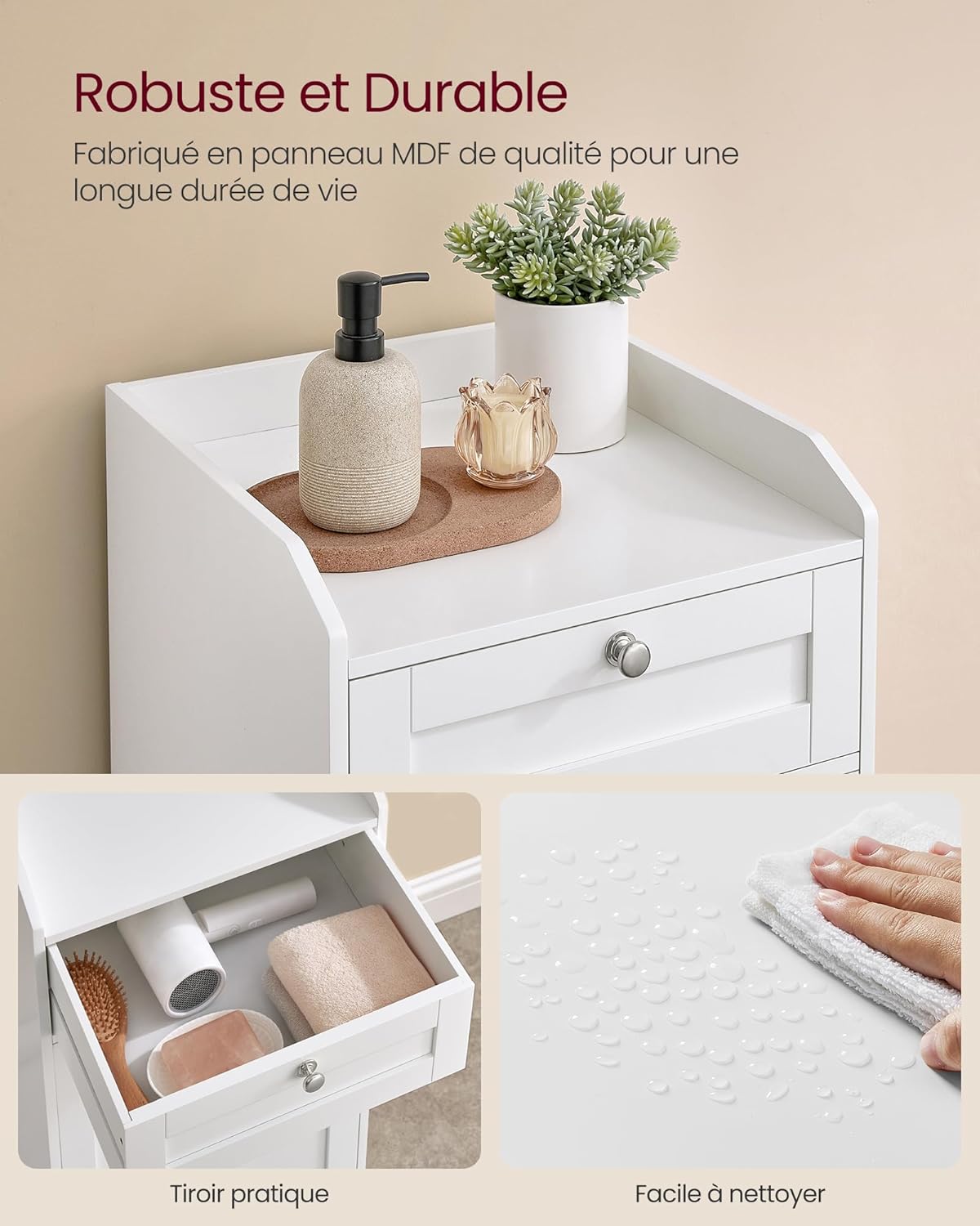 VASAGLE - meuble salle de bain avec panier linge, tiroir, 40x40x80,2 cm, blanc, BBC741W01