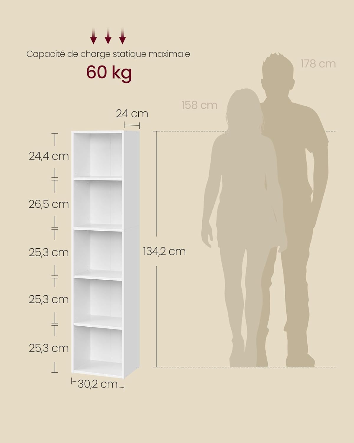 VASAGLE - bibliothèque 5 niveaux - 24x30,2x134,2 cm - rangement ouvert - LBC419W01