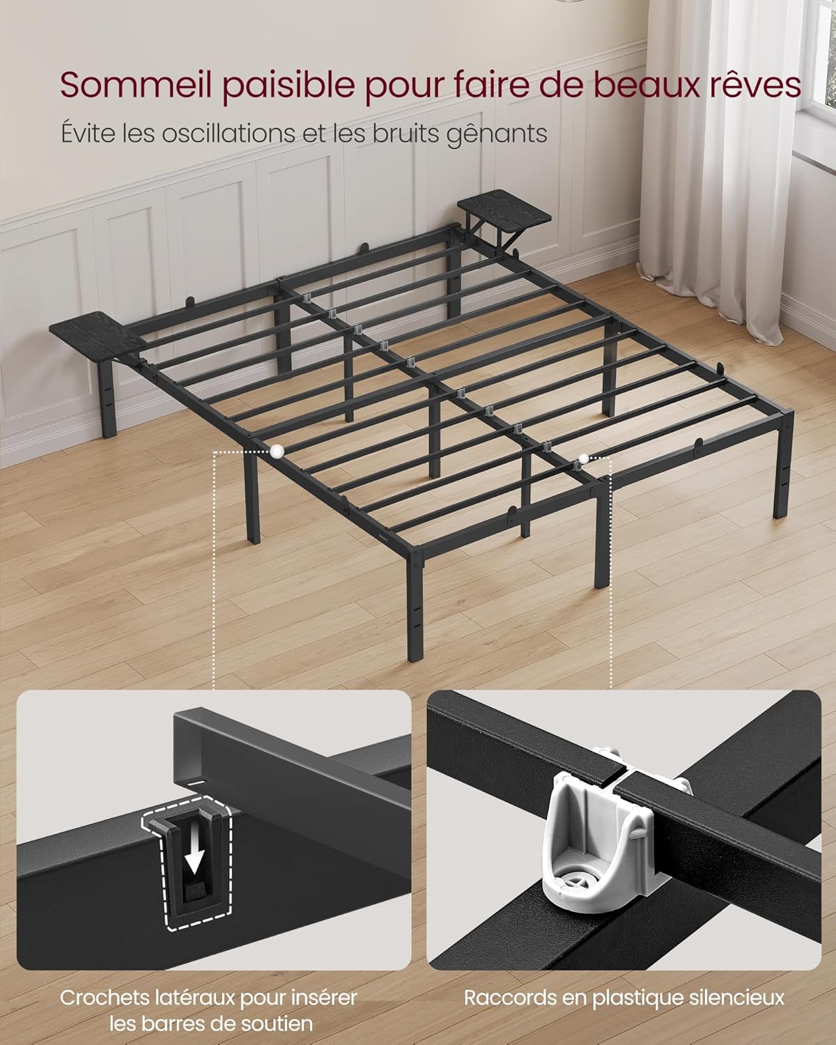 VASAGLE - Cadre de lit double série RMB - 140x200 cm, métal, étagères de rangement, montage facile RMB094B01V1