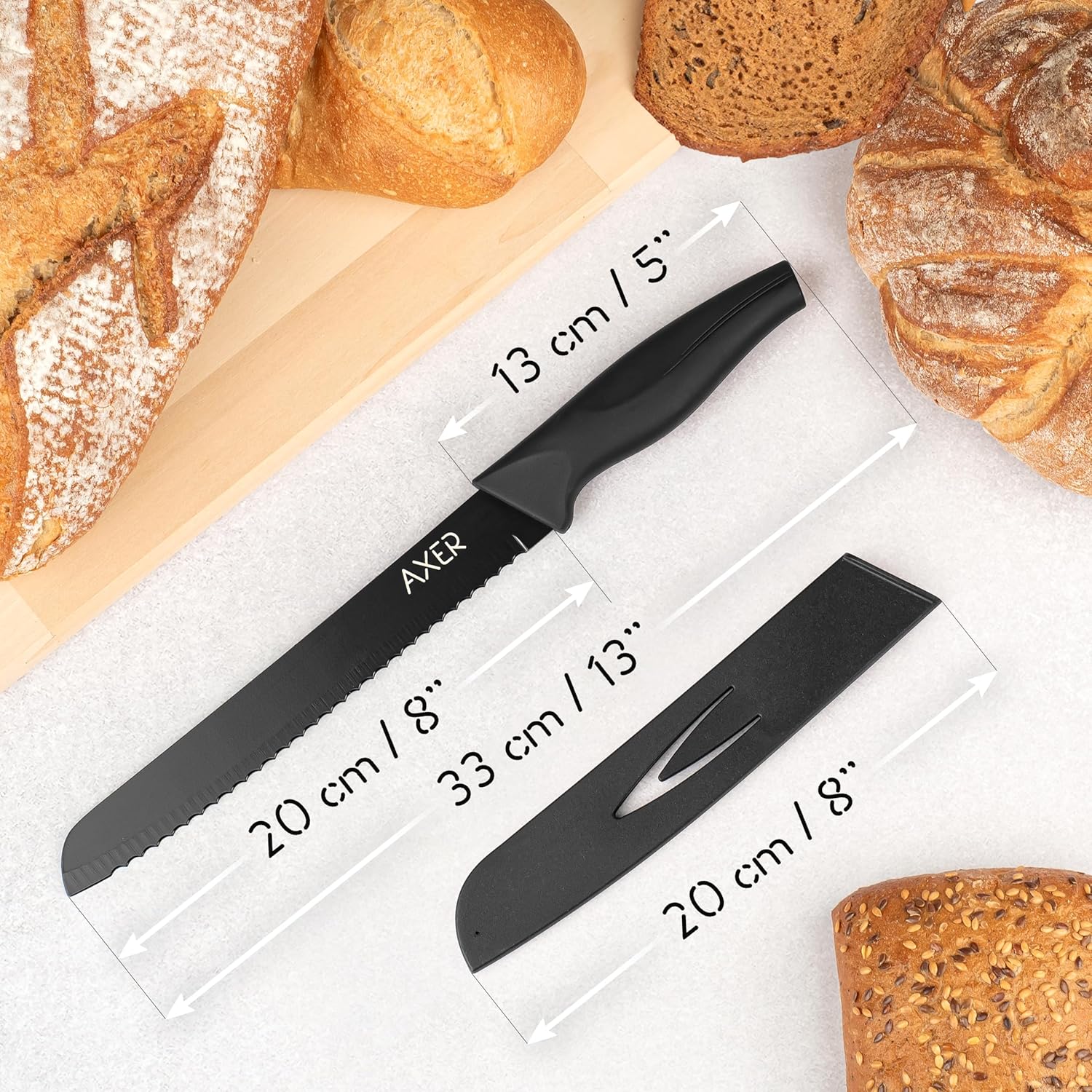 Couteau à pain - lame noire 20cm - étui inclus, livré en boîte