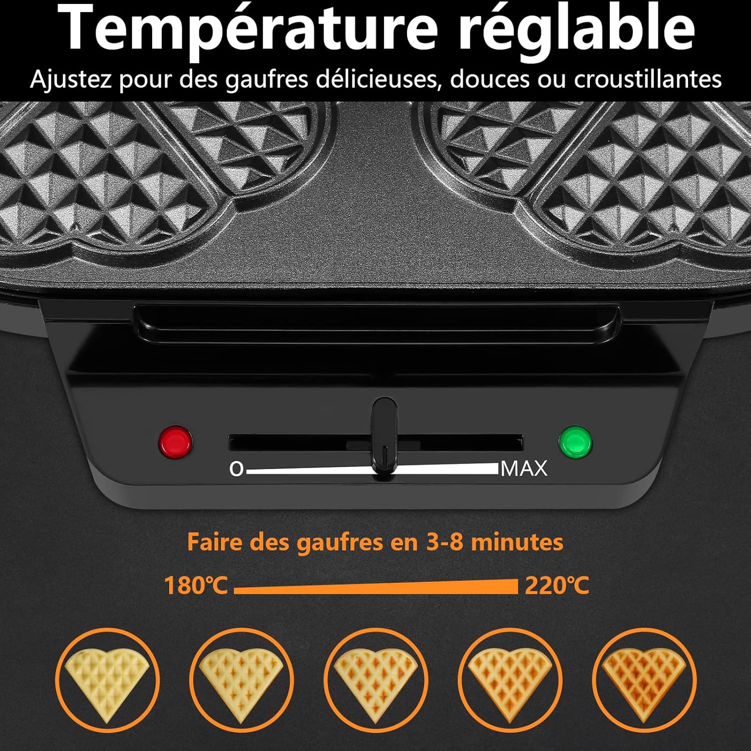 YASHE - machine à gaufres cœur - 1200W - 5 réglages, antiadhésif, anti-débordement