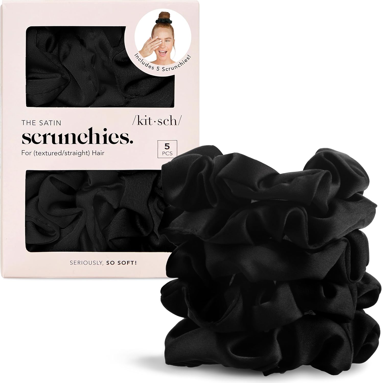 Kitsch - Chouchous en soie, lot de 5 - tailles standard - satin noir, élastiques sans trace, cheveux jour/nuit