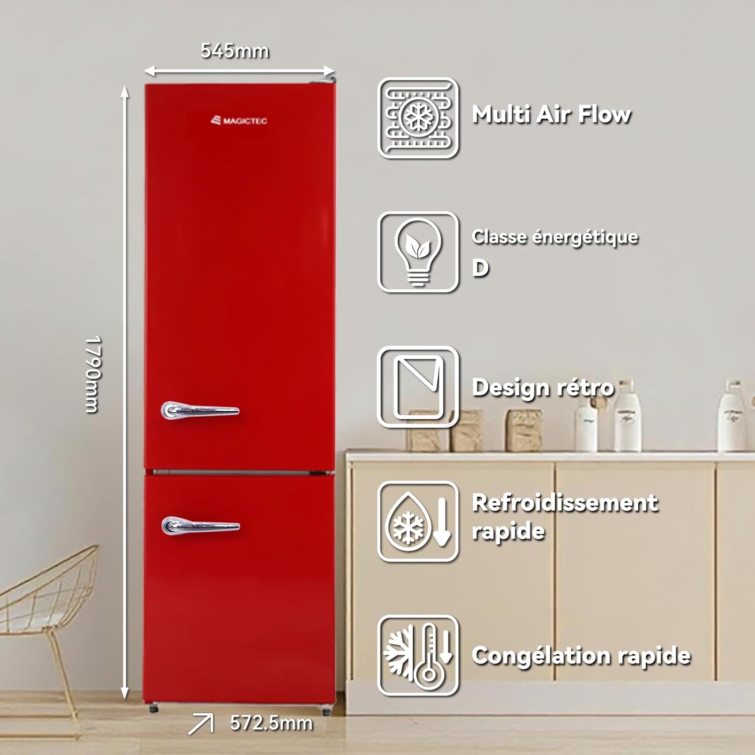 magictec - Frigo vintage rétro 179cm, 236L, No Frost, alarme porte