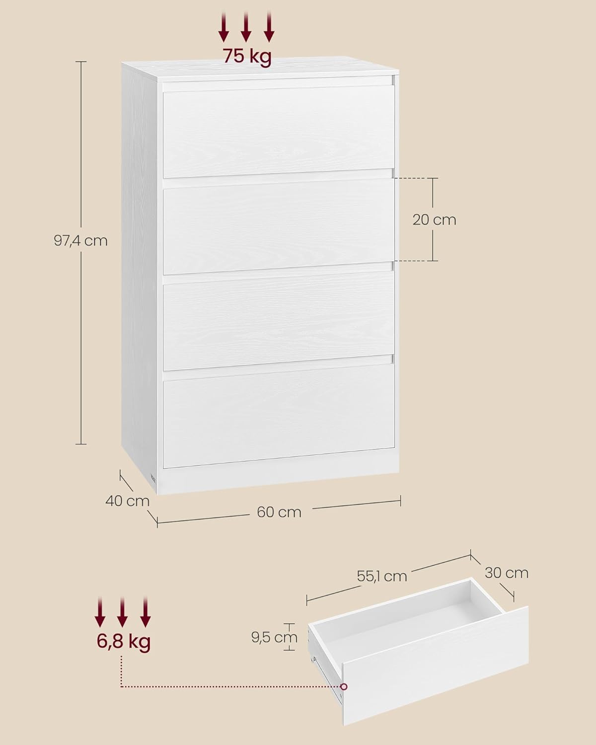 VASAGLE - Kailyn Collection - 40x60x97,4 cm - commode 4 tiroirs, blanc, style moderne LTS614WE02